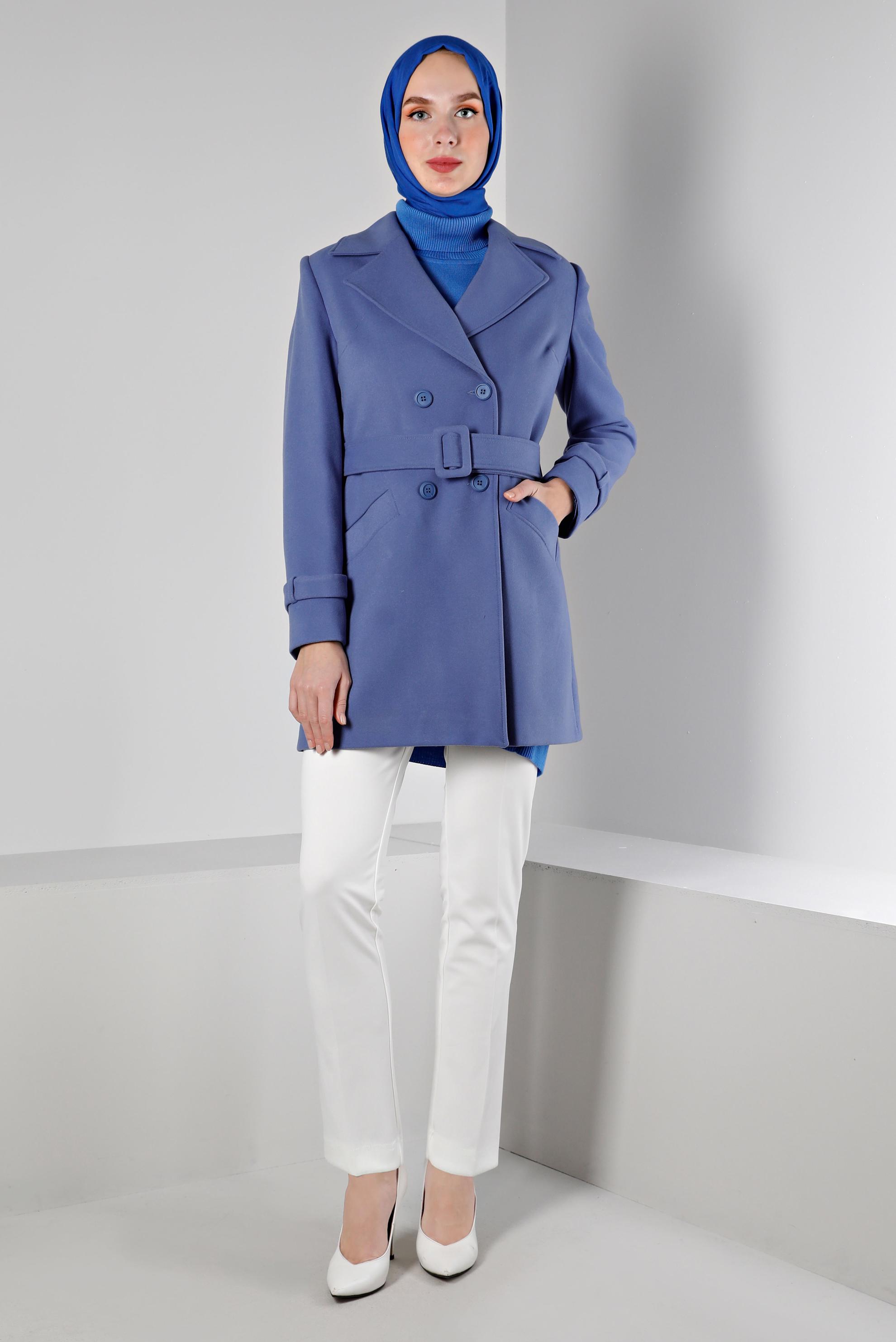 Tesettür giyim MAVİ KEMERLİ DÜĞMELİ KABAN 90359 
