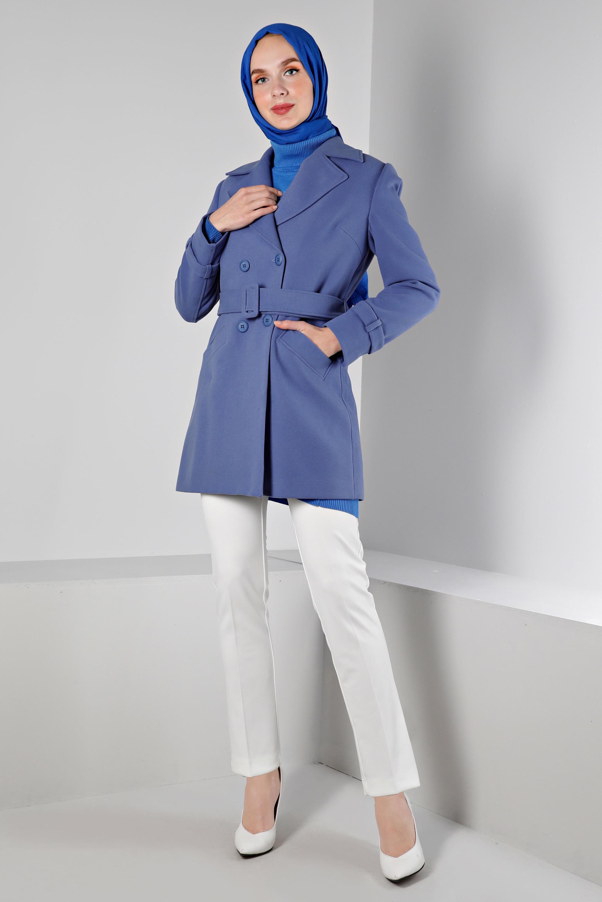 Tesettür giyim MAVİ KEMERLİ DÜĞMELİ KABAN 90359 