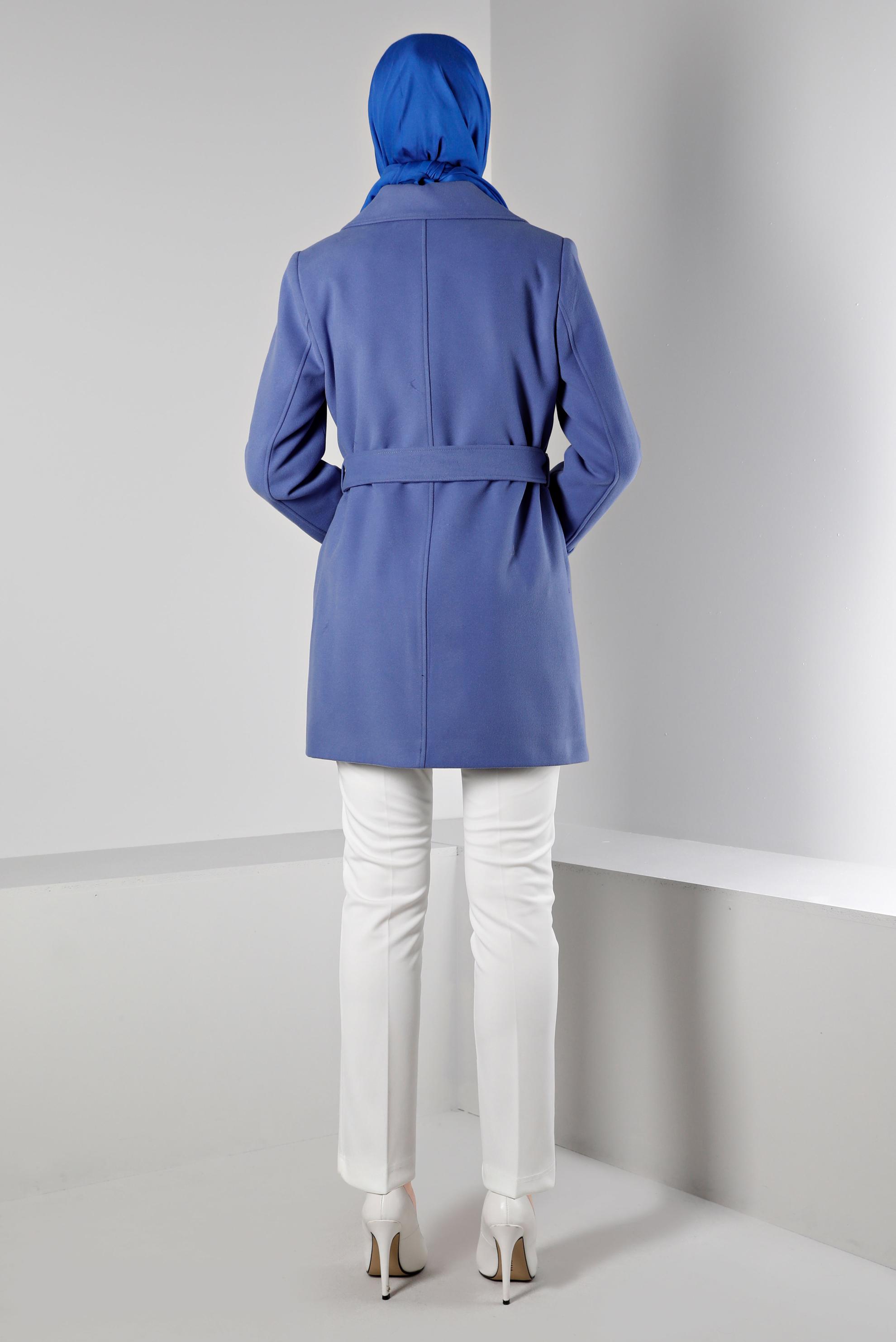 Tesettür giyim MAVİ KEMERLİ DÜĞMELİ KABAN 90359 