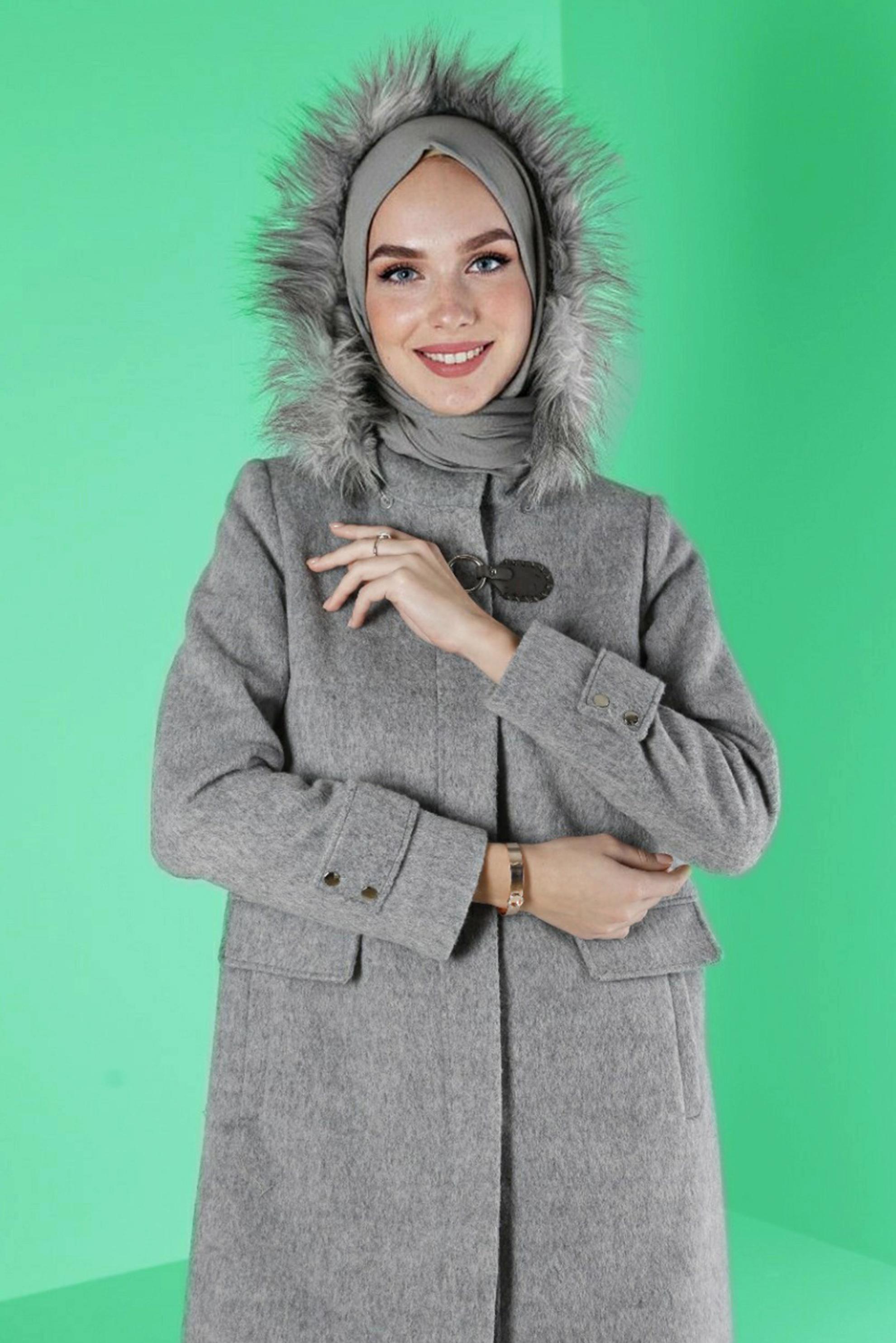 Tesettür giyim GRİ KAPÜŞONLU KABAN 90360