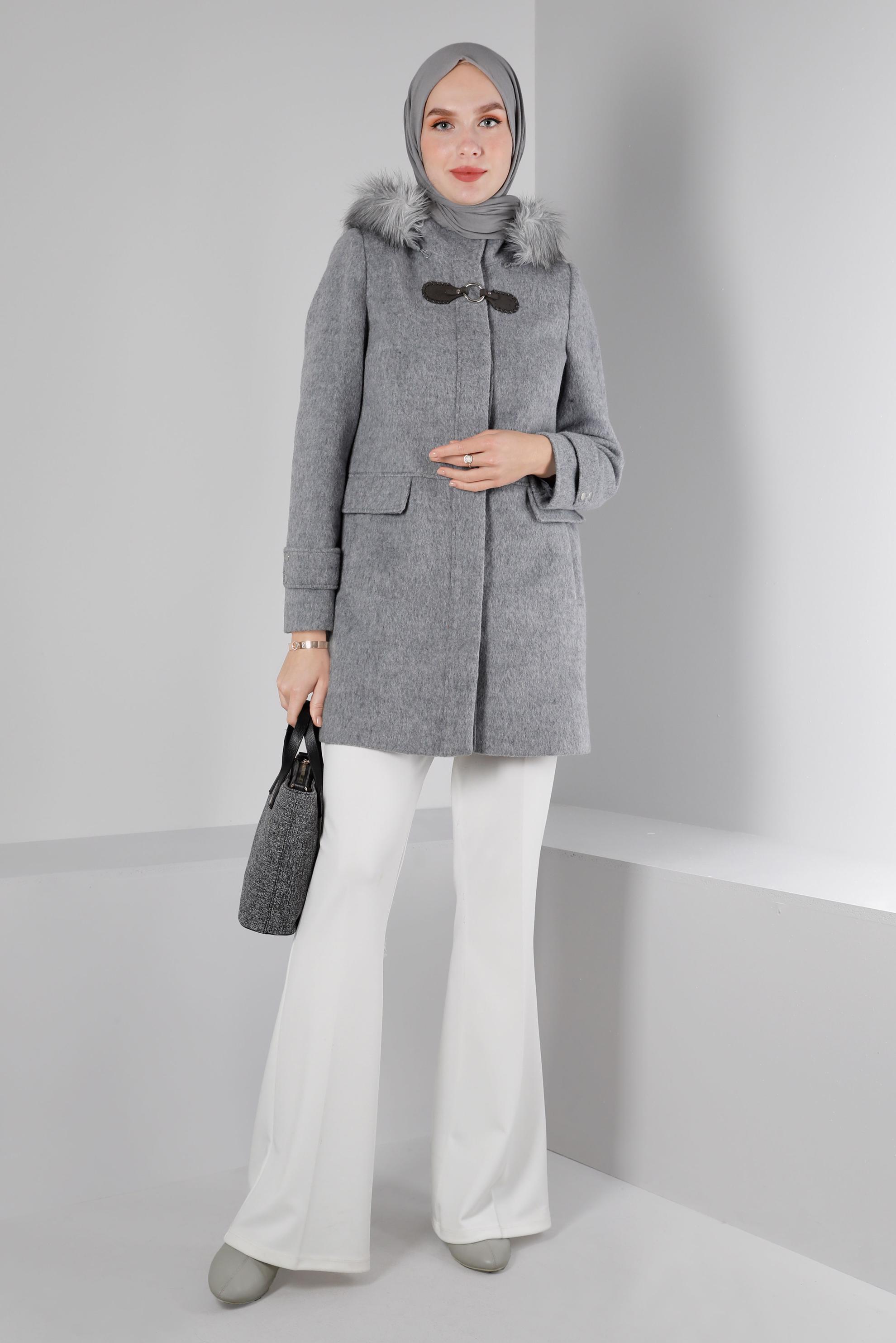 Tesettür giyim GRİ KAPÜŞONLU KABAN 90360