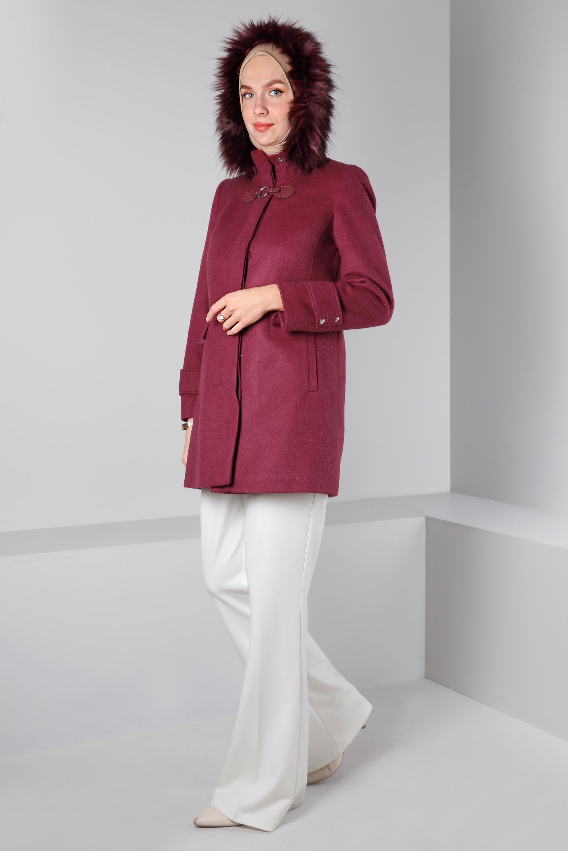 Tesettür giyim BORDO KAPÜŞONLU KABAN 90360