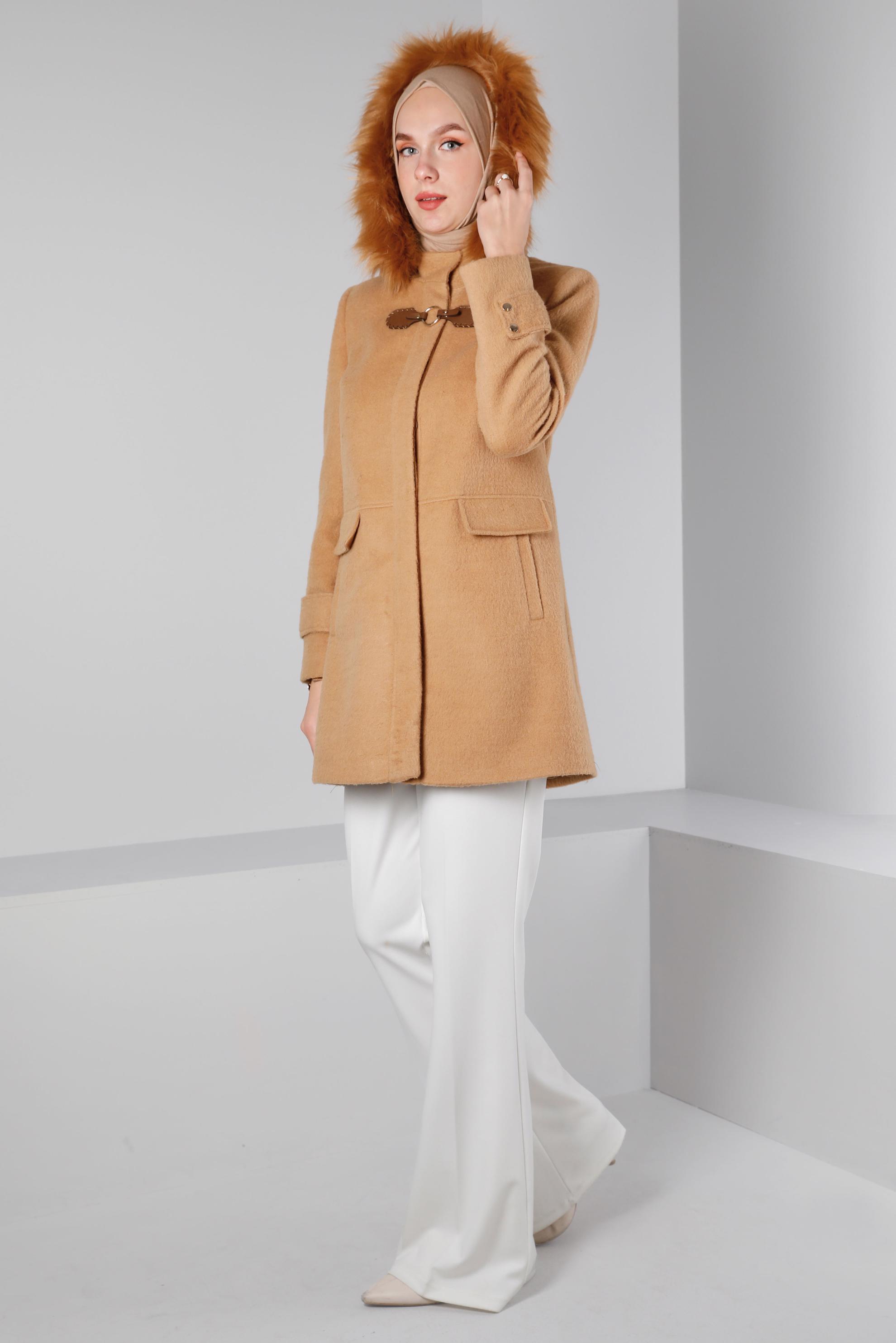 Tesettür giyim KAHVE KAPÜŞONLU KABAN 90360