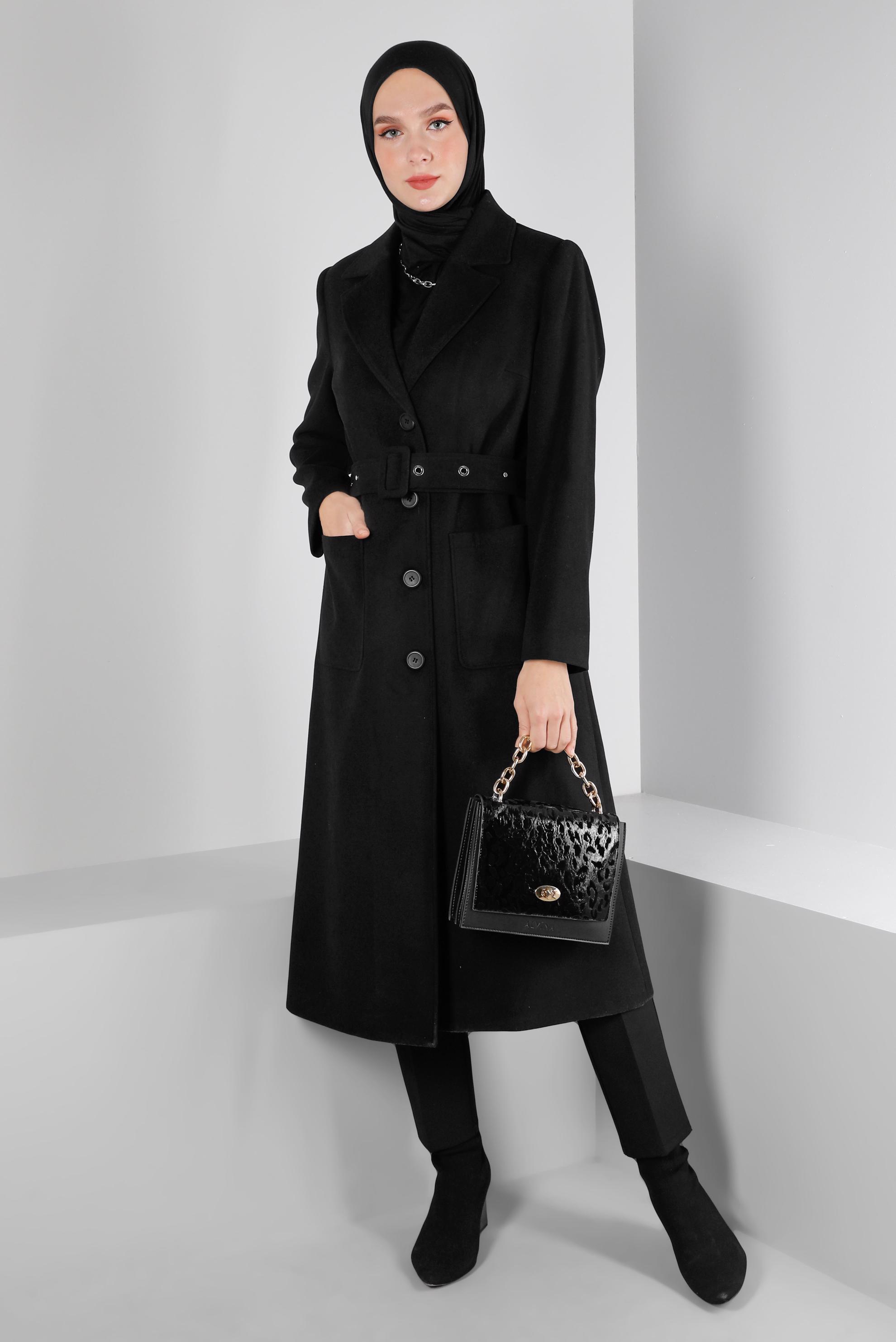Tesettür giyim SİYAH KEMERLİ DÜĞMELİ KABAN 90362