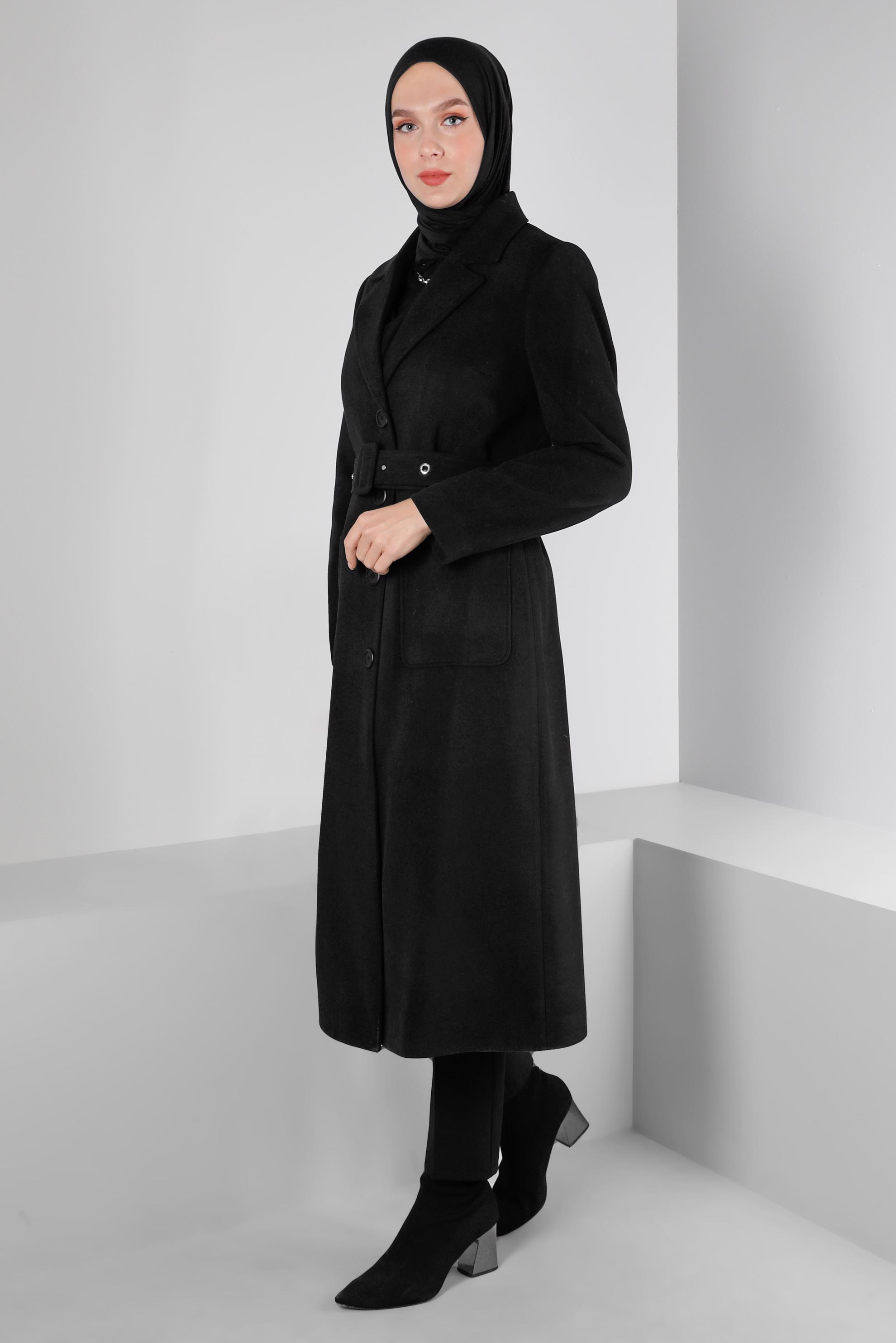 Tesettür giyim SİYAH KEMERLİ DÜĞMELİ KABAN 90362