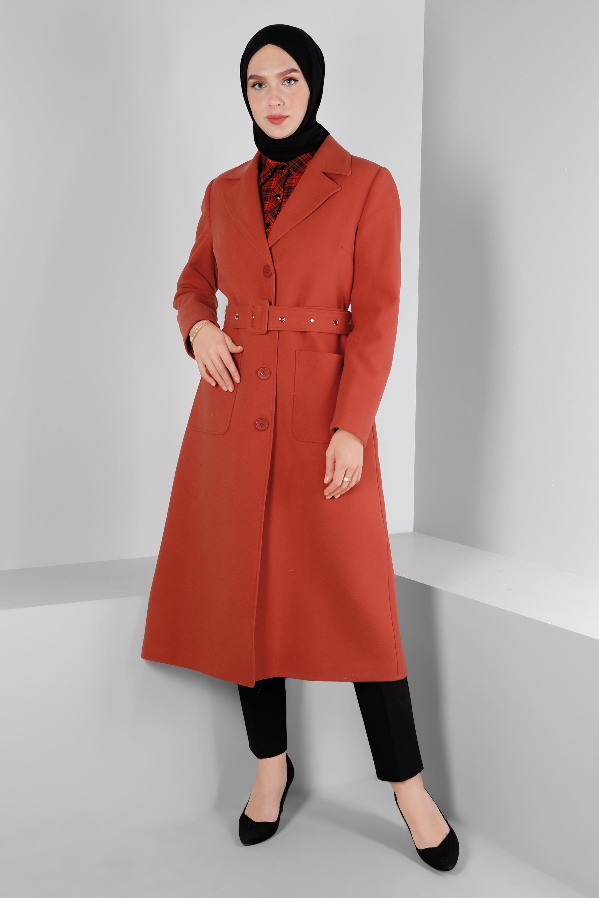 Tesettür giyim TURUNCU KEMERLİ DÜĞMELİ KABAN 90362