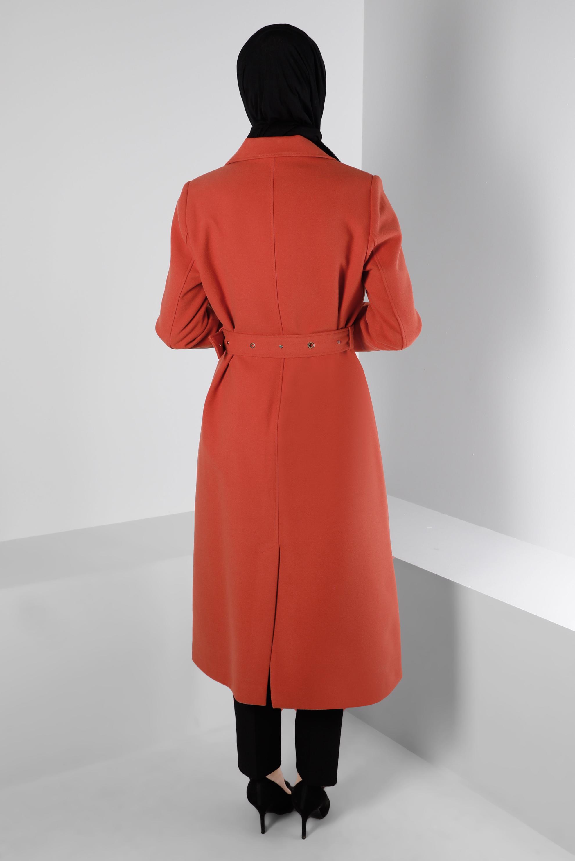 Tesettür giyim TURUNCU KEMERLİ DÜĞMELİ KABAN 90362