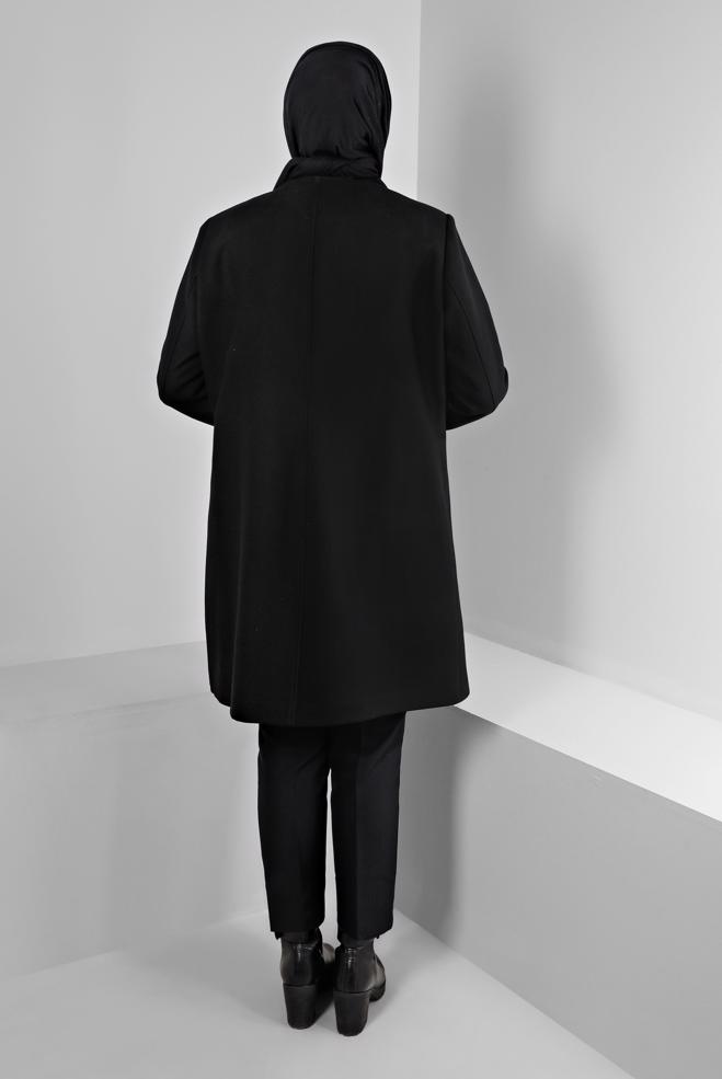 Tesettür giyim SİYAH KÜRK DETAYLI CEPLİ KABAN 90366  - ALVİNA