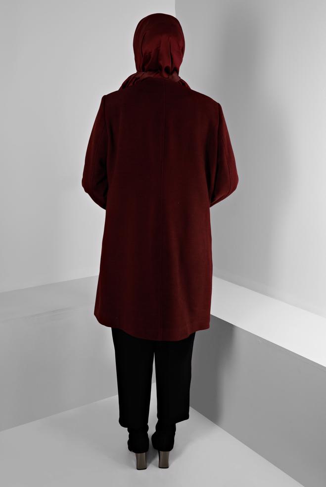 Tesettür giyim BORDO KÜRK DETAYLI CEPLİ KABAN 90366  - ALVİNA