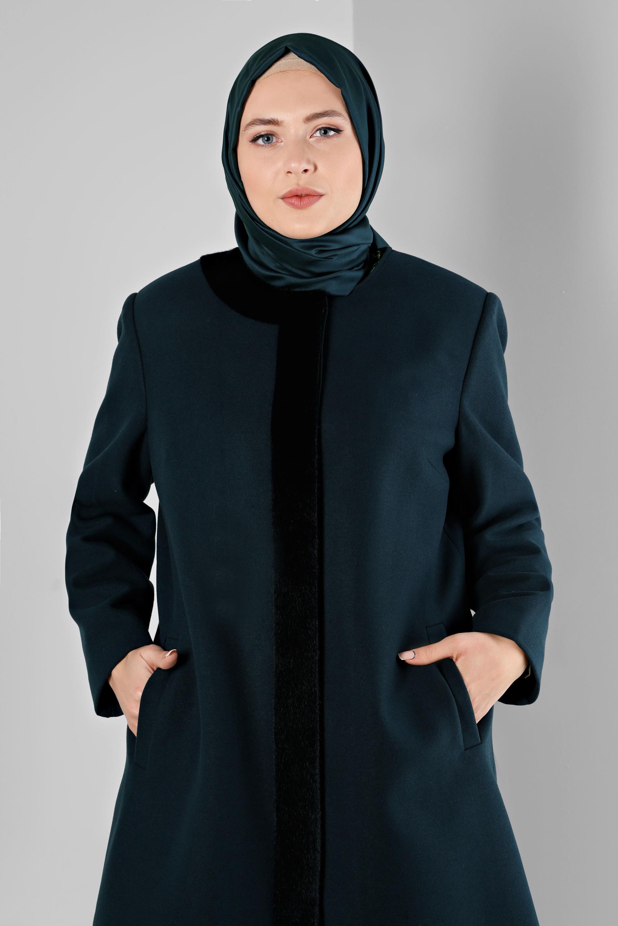 Vêtements hijab BLEU MANTEAU EN FOURRURE AVEC DÉTAIL DE POCHE 90366