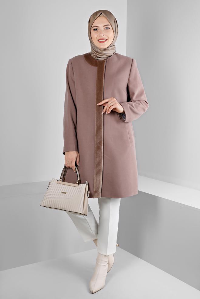 Tesettür giyim VİZON KÜRK DETAYLI CEPLİ KABAN 90366  - ALVİNA