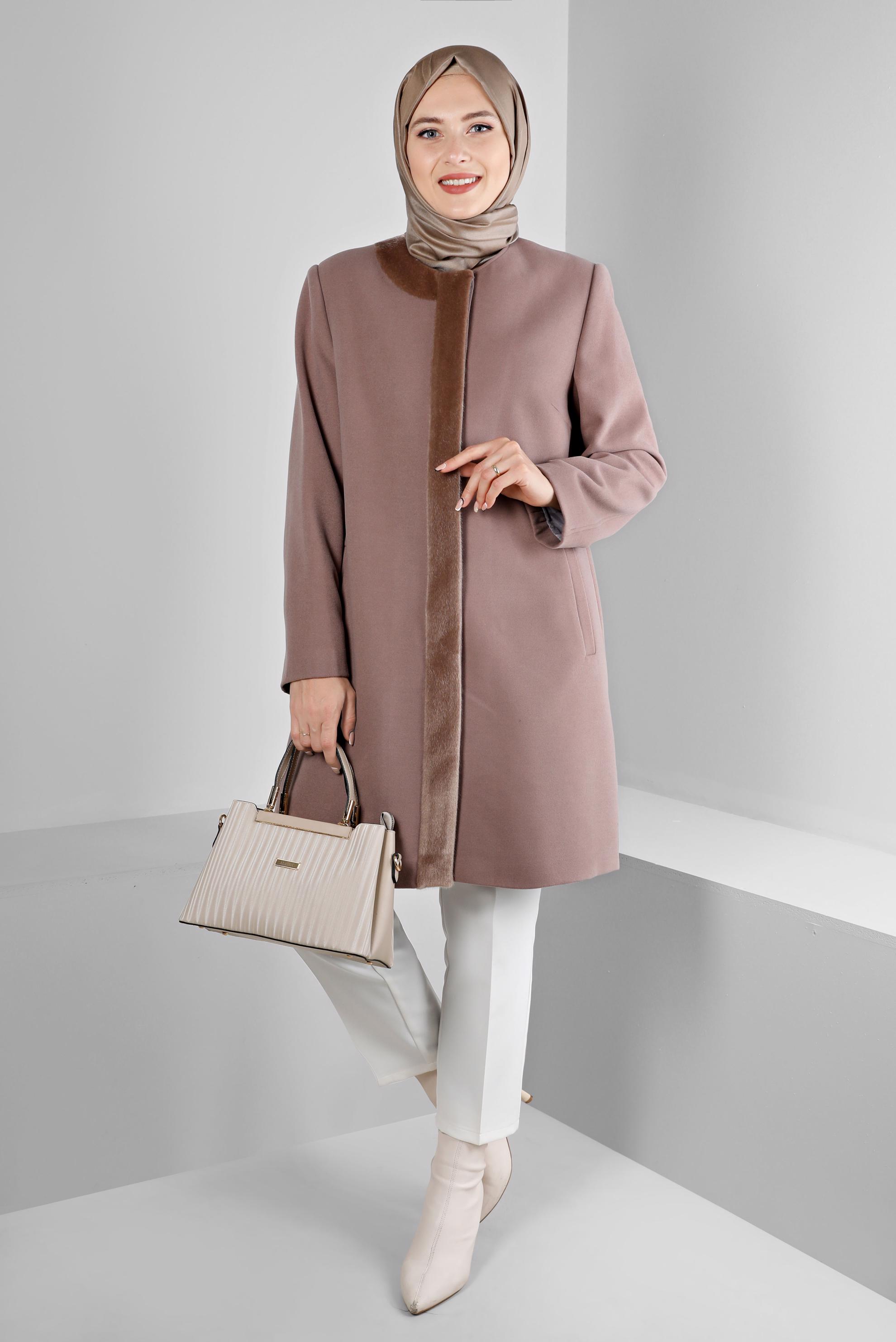 Tesettür giyim VİZON KÜRK DETAYLI CEPLİ KABAN 90366 