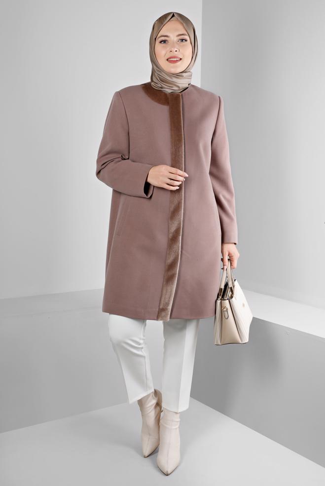 Tesettür giyim VİZON KÜRK DETAYLI CEPLİ KABAN 90366  - ALVİNA