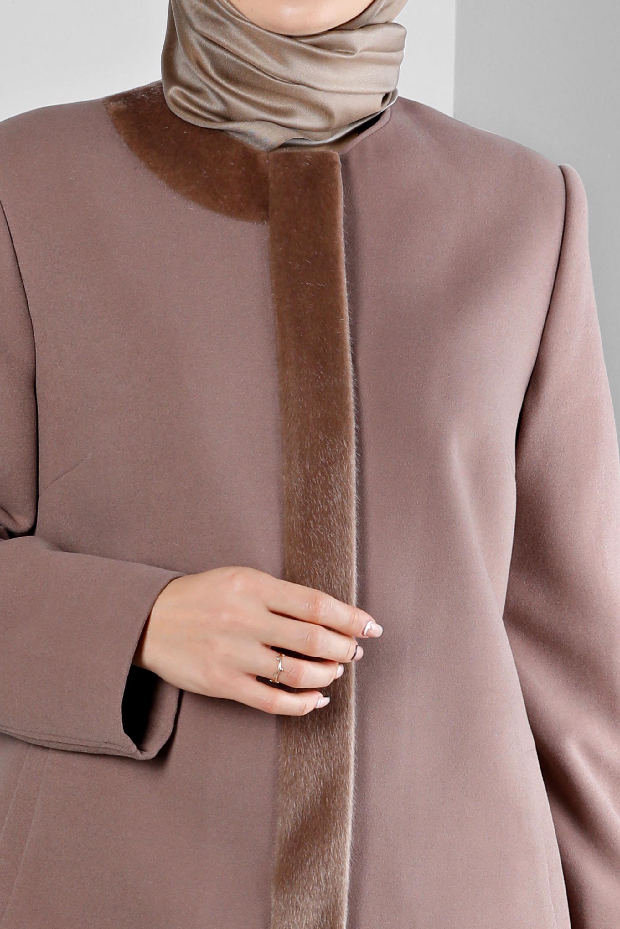 Tesettür giyim VİZON KÜRK DETAYLI CEPLİ KABAN 90366 