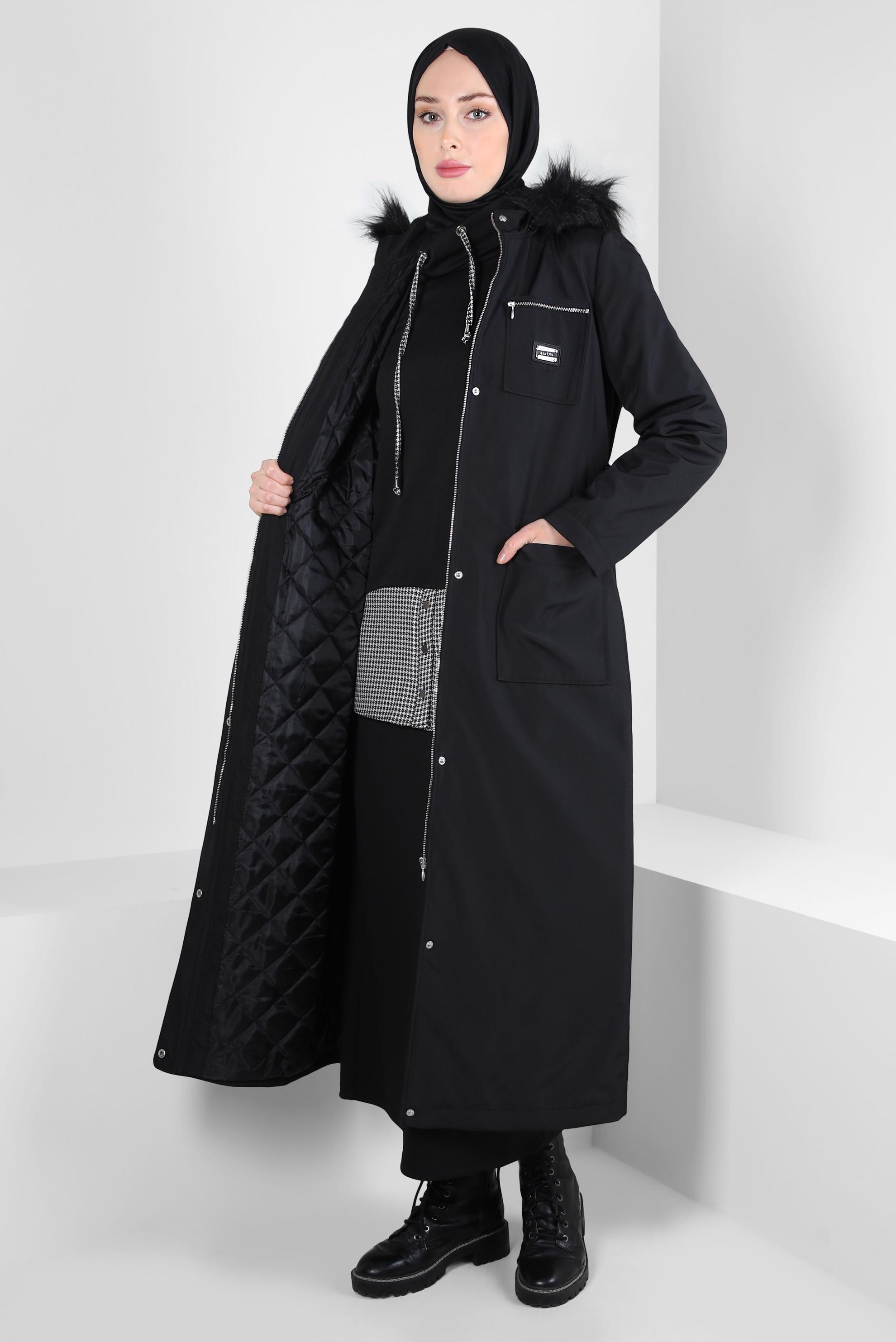 Tesettür giyim SİYAH KAPÜŞONU KÜRKLÜ PARKA 90370