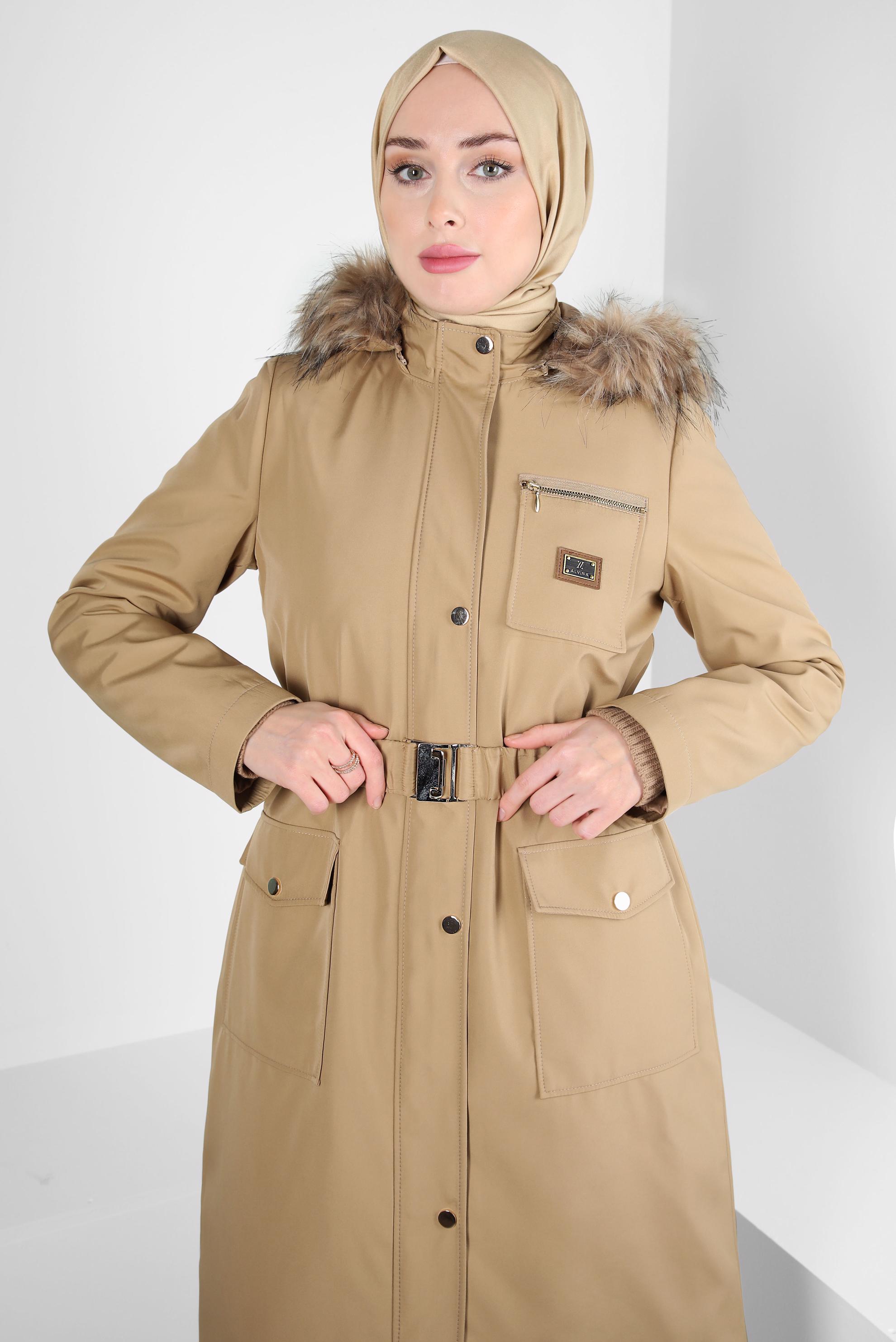 Tesettür giyim KAHVE KAPÜŞONU KÜRKLÜ PARKA 90370