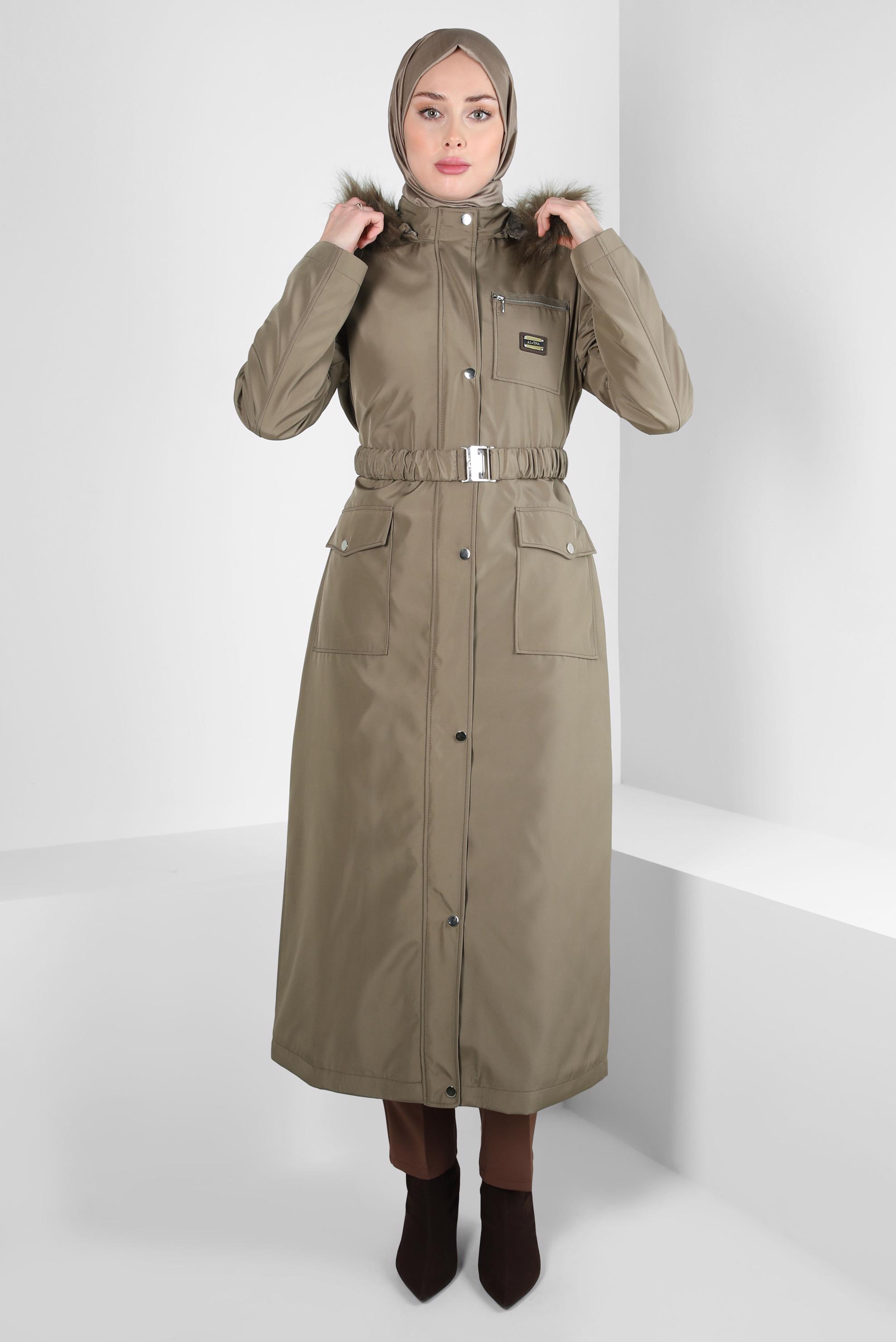 Tesettür giyim VİZON KAPÜŞONU KÜRKLÜ PARKA 90370