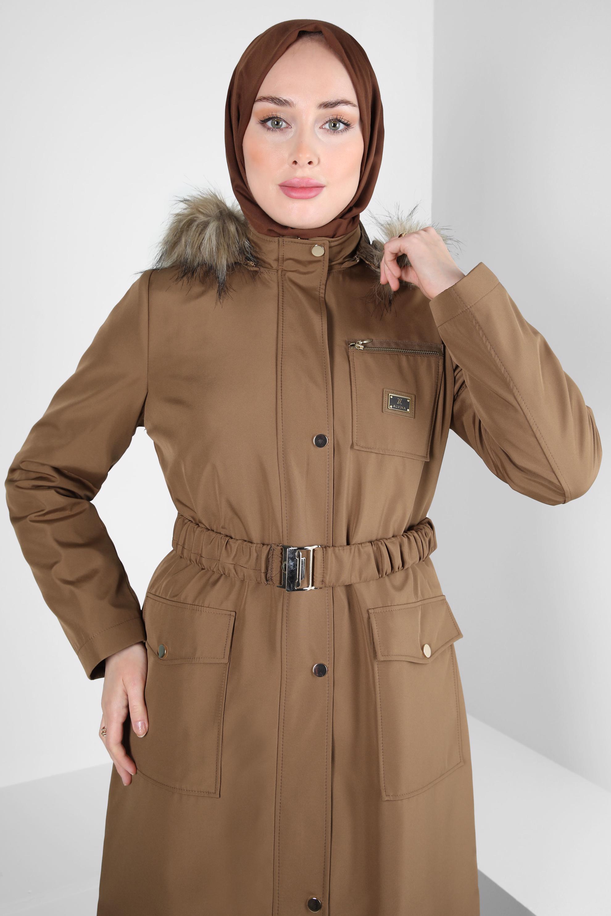 Tesettür giyim KAHVE KAPÜŞONU KÜRKLÜ PARKA 90370