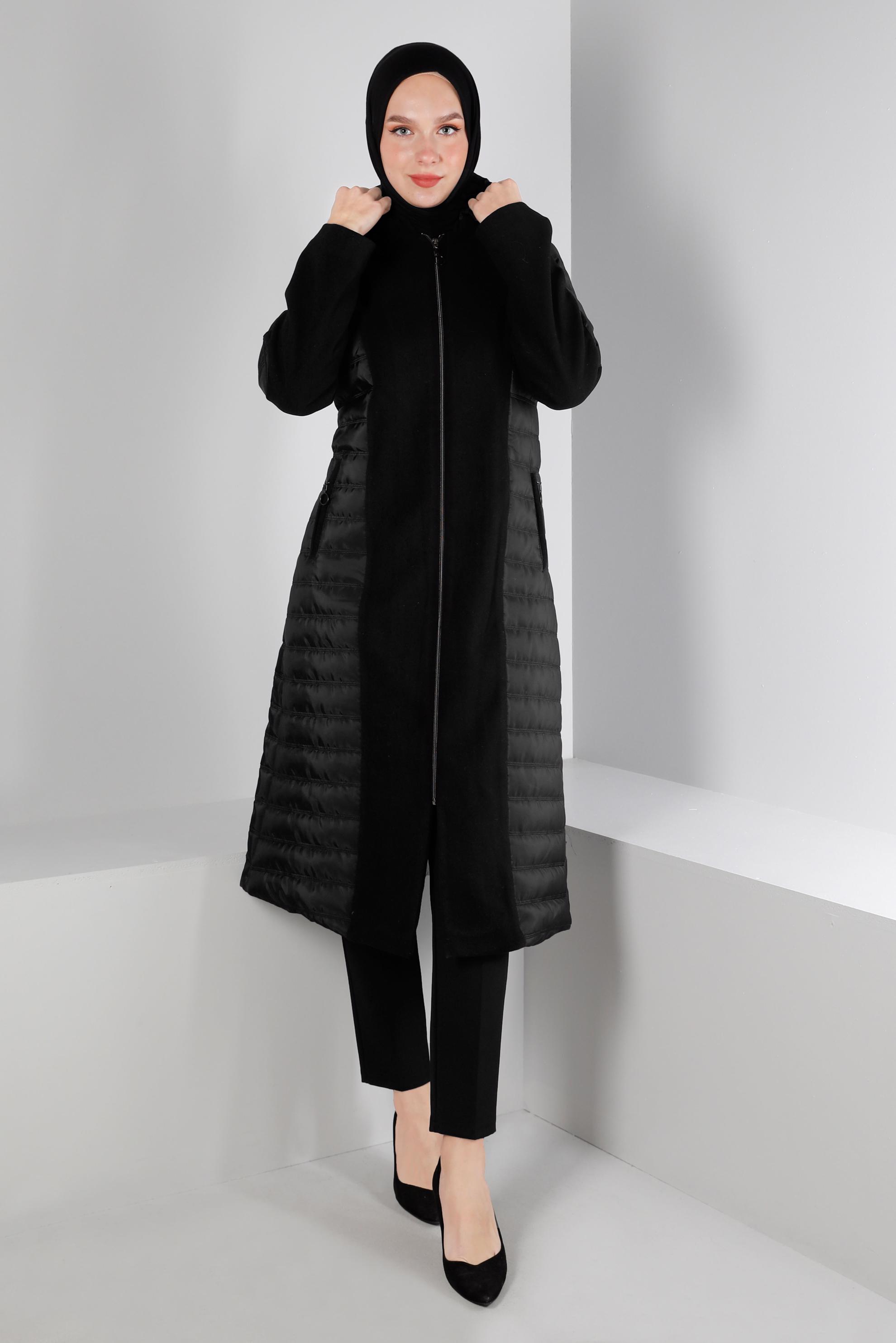 Tesettür giyim SİYAH KAPÜŞONLU FERMUARLI KABAN 90371 