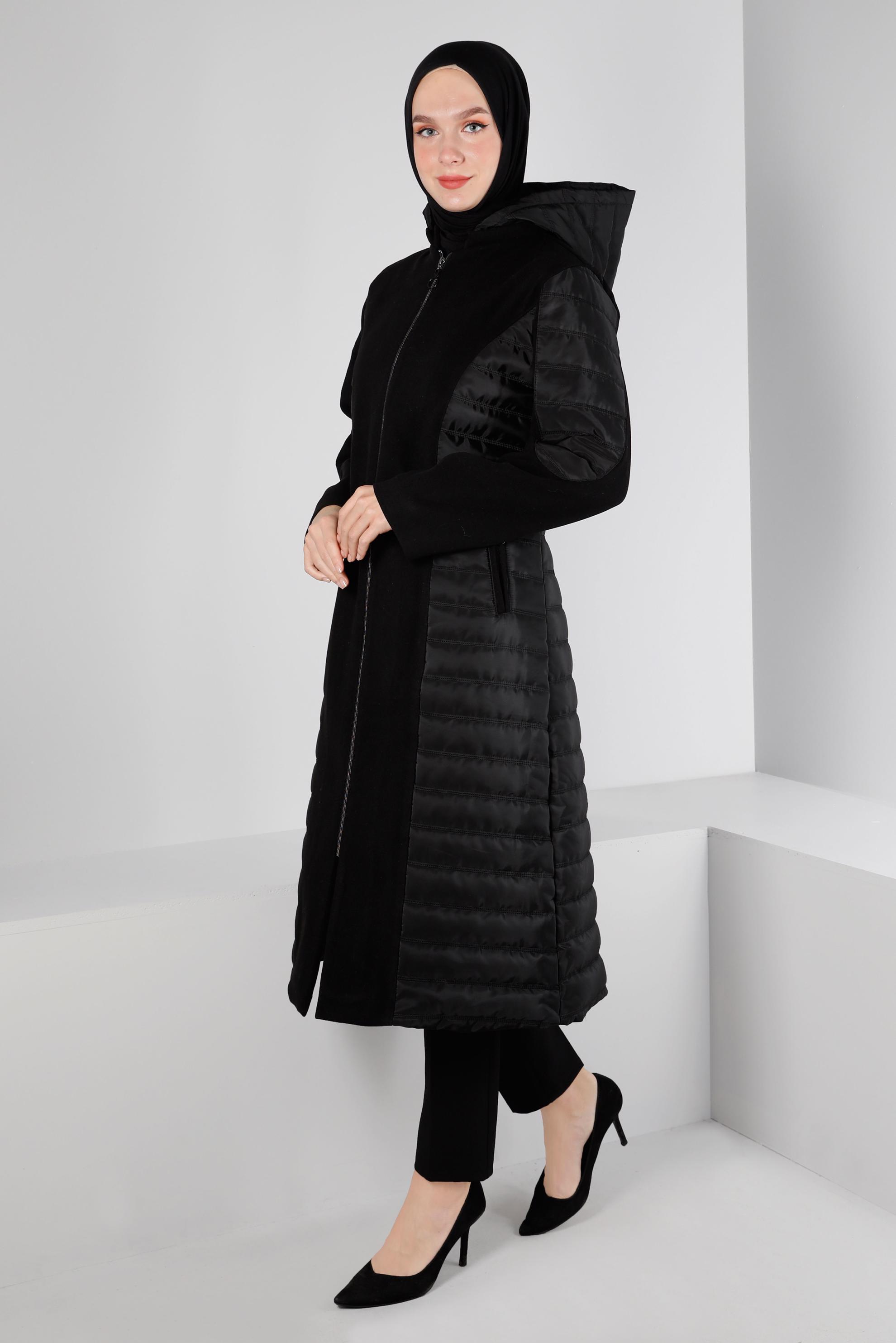 Tesettür giyim SİYAH KAPÜŞONLU FERMUARLI KABAN 90371 