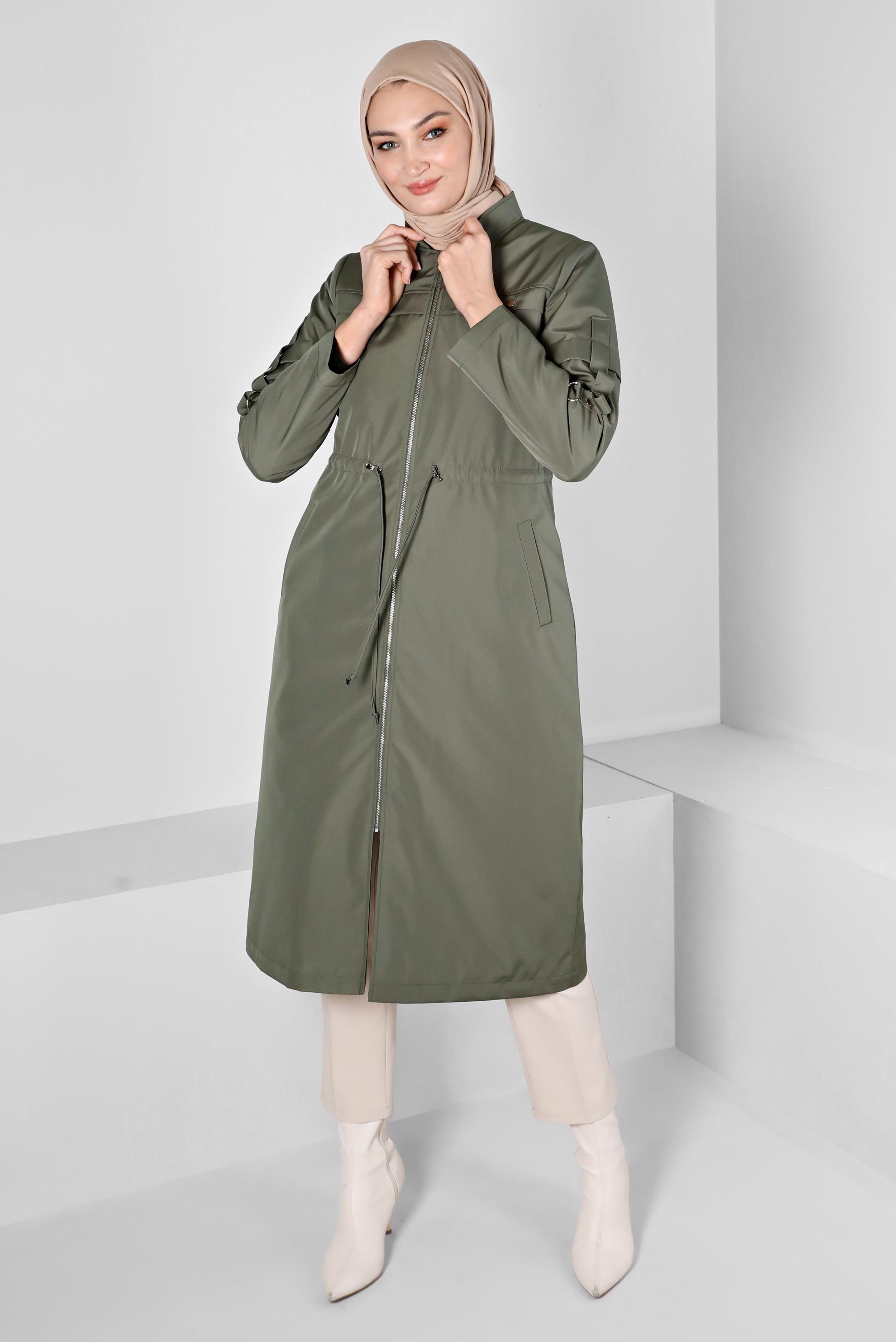 Hijab clothing KHAKI GATHERED STAPLE DETAIL ZIPPERED COAT 90374