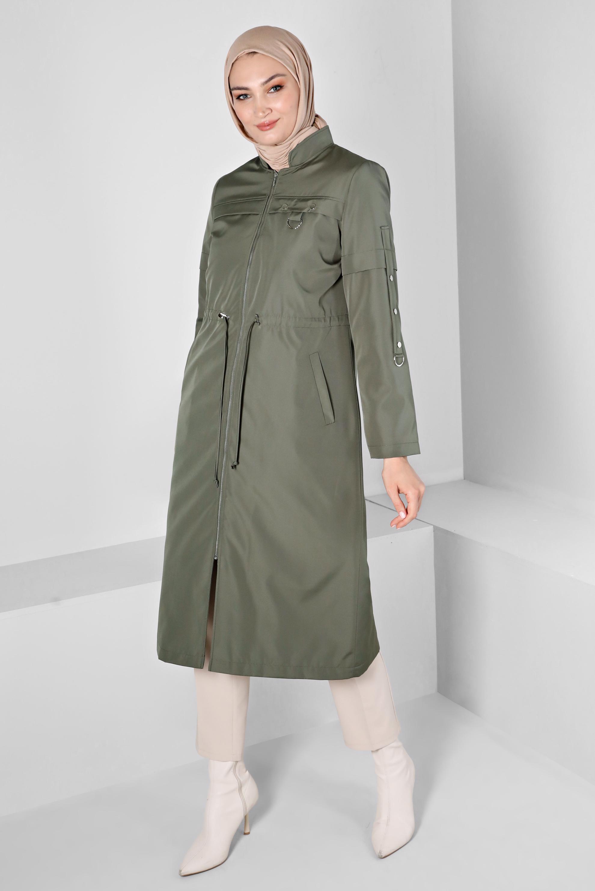 Hijab clothing KHAKI GATHERED STAPLE DETAIL ZIPPERED COAT 90374