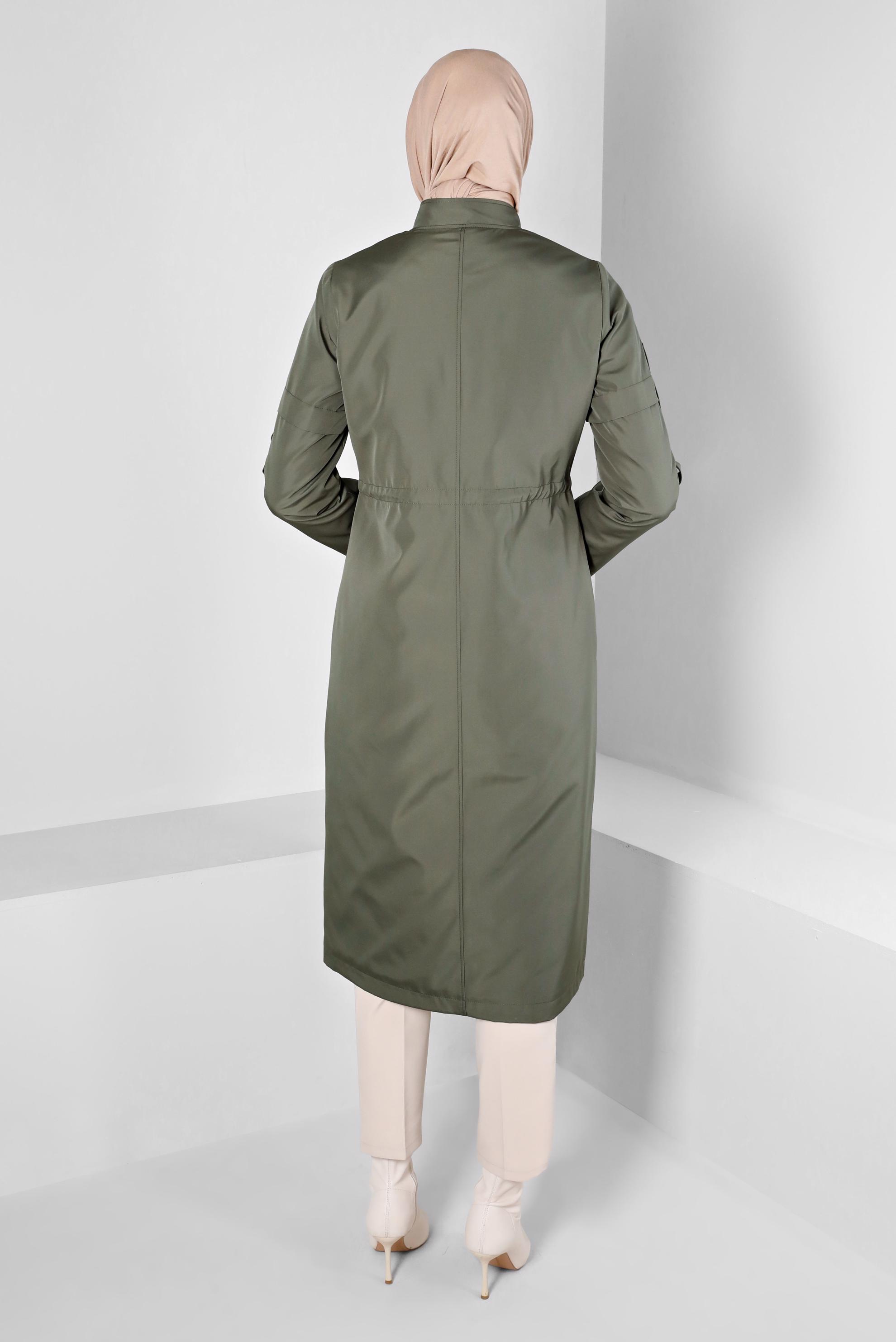 Hijab clothing KHAKI GATHERED STAPLE DETAIL ZIPPERED COAT 90374