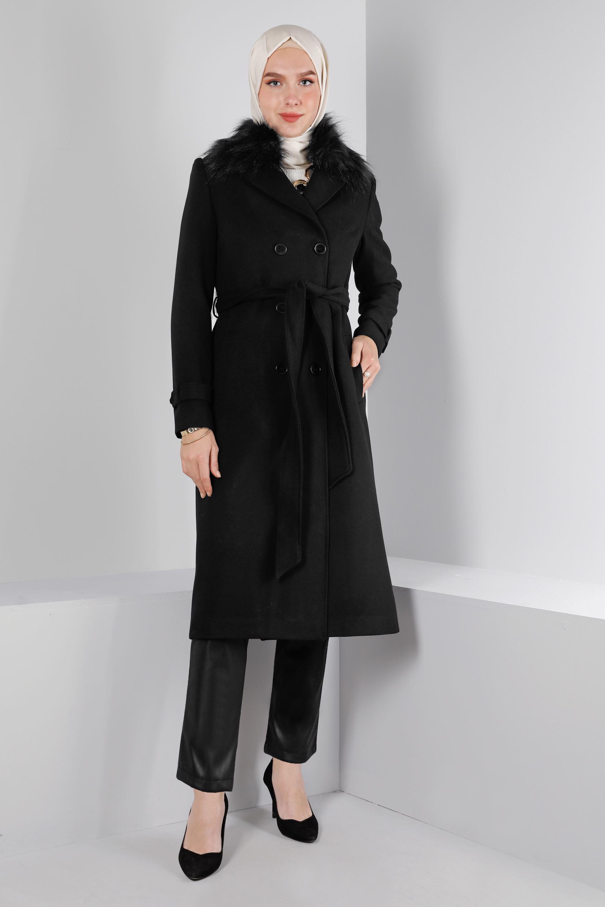 Tesettür giyim SİYAH KÜRK DETAYLI KUŞAKLI KABAN 90375	