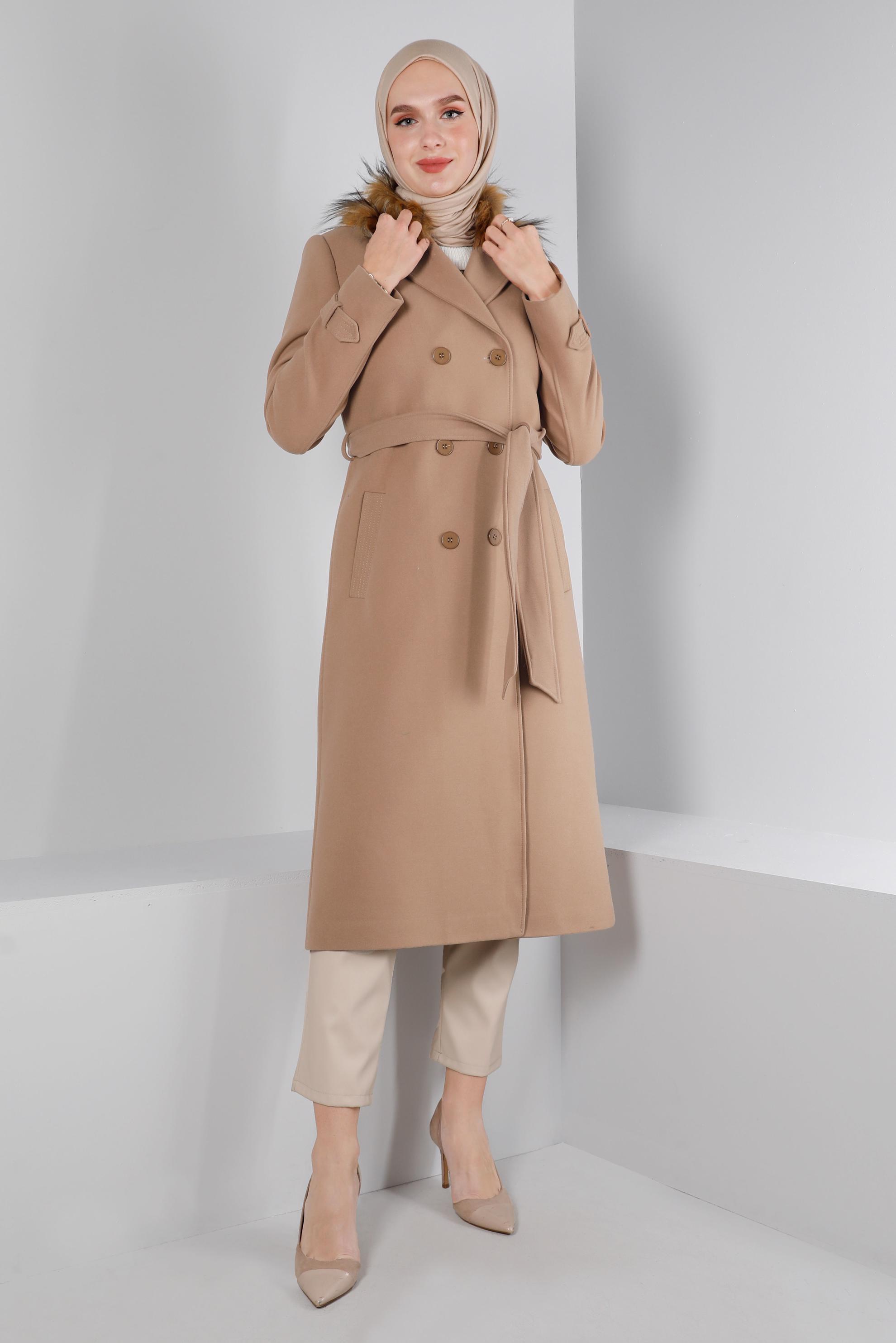 Tesettür giyim TABA KÜRK DETAYLI KUŞAKLI KABAN 90375	