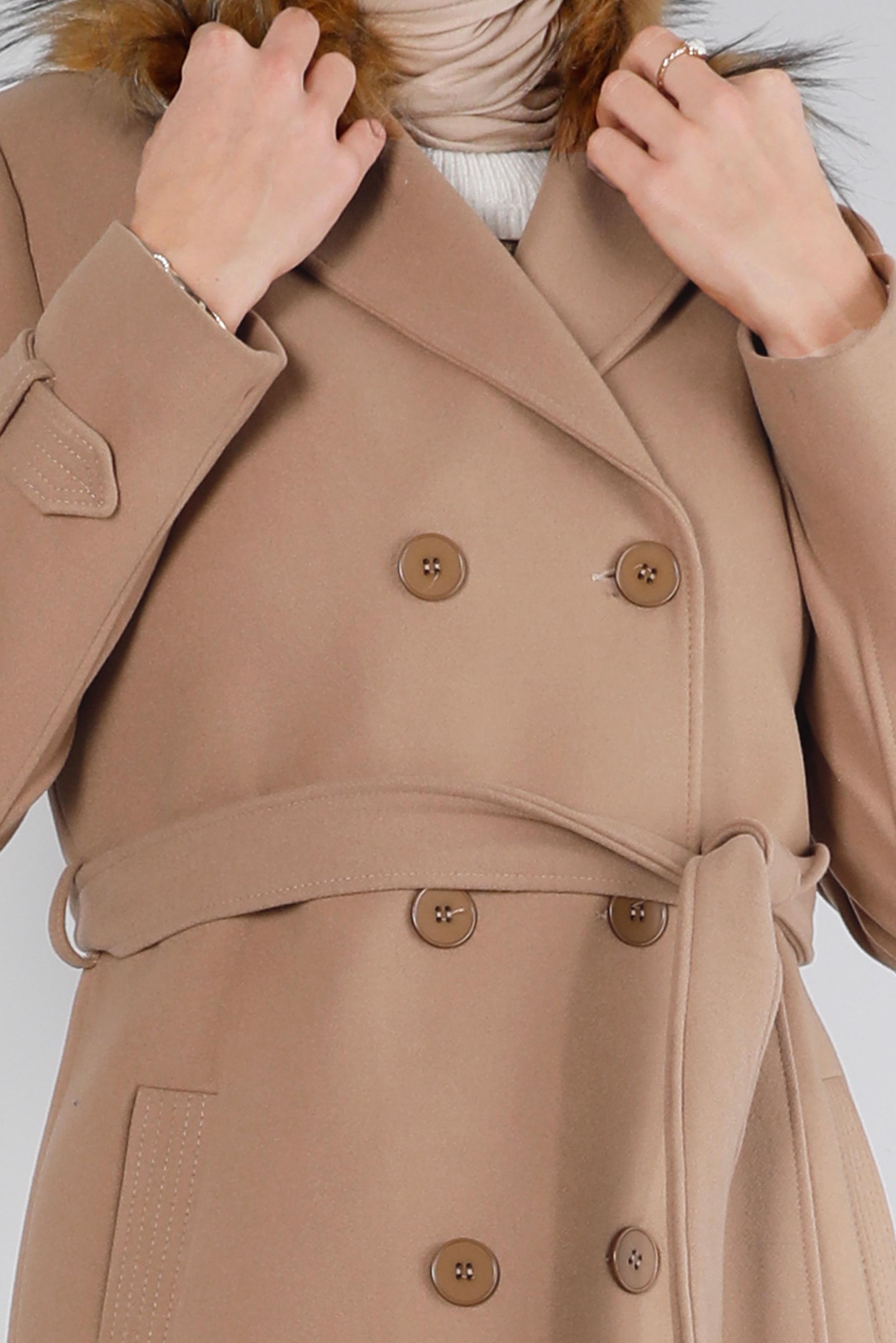 Tesettür giyim TABA KÜRK DETAYLI KUŞAKLI KABAN 90375	