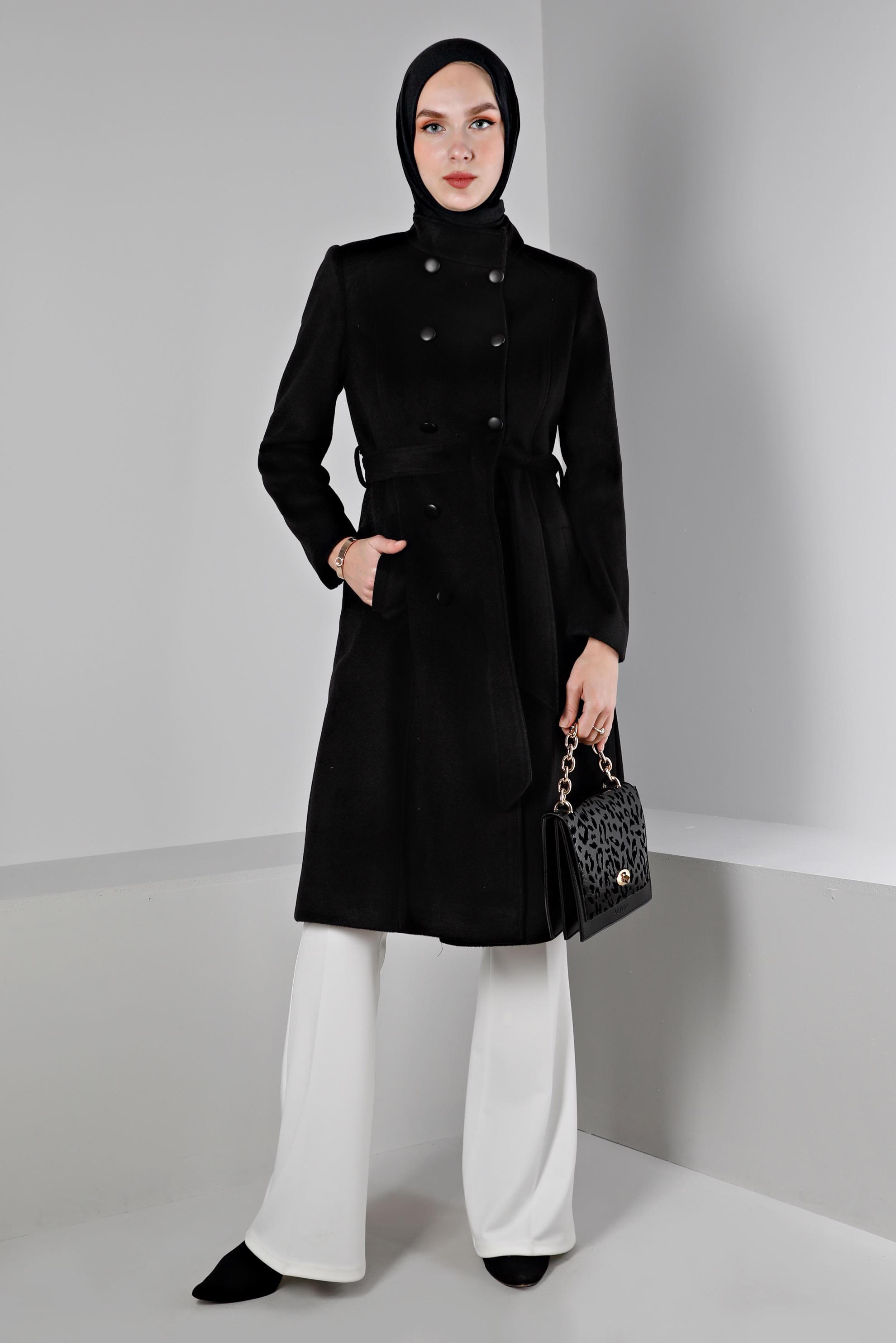 Tesettür giyim SİYAH DÜĞMELİ KUŞAKLI KABAN 90376 