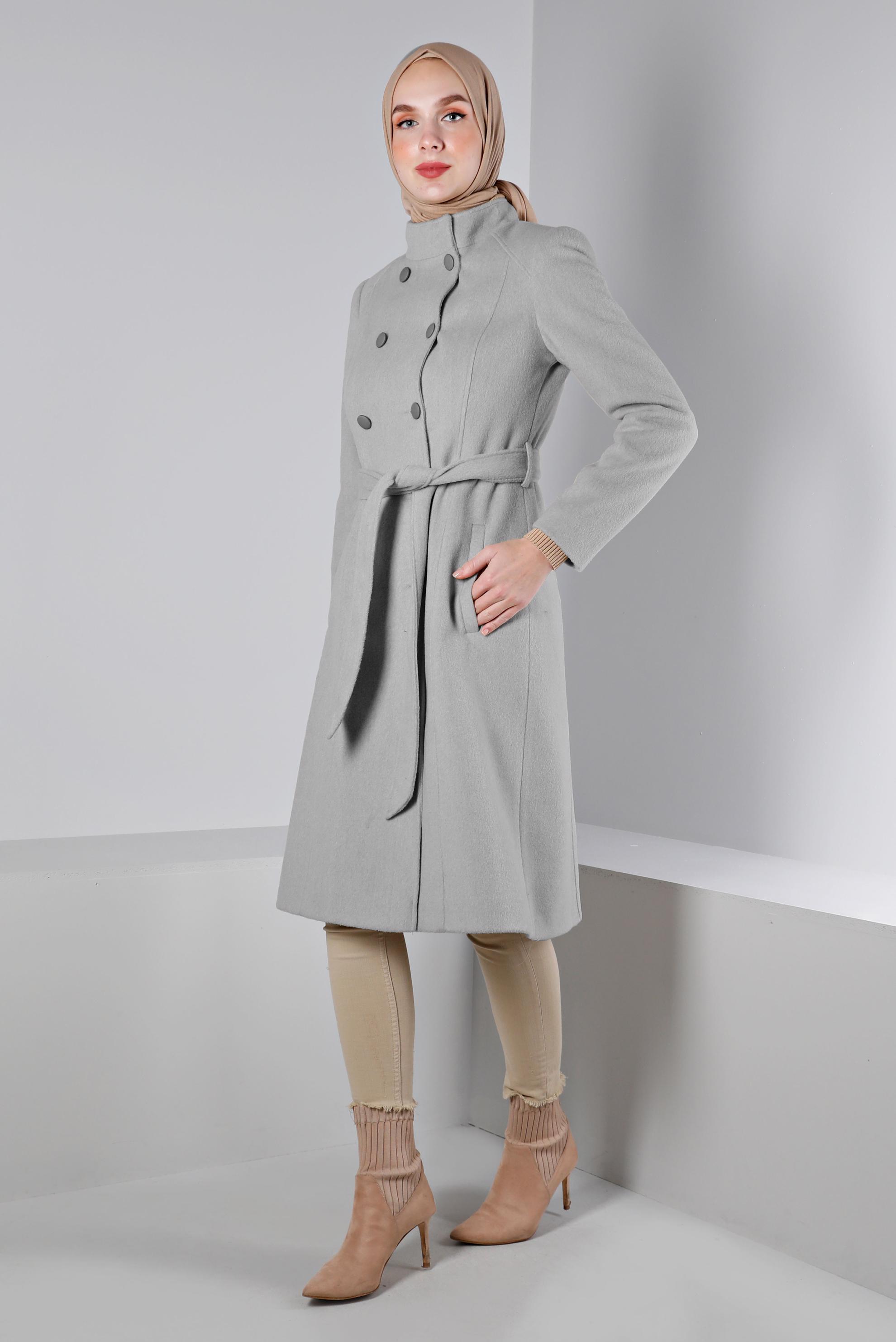 Tesettür giyim GÜMÜŞ DÜĞMELİ KUŞAKLI KABAN 90376 
