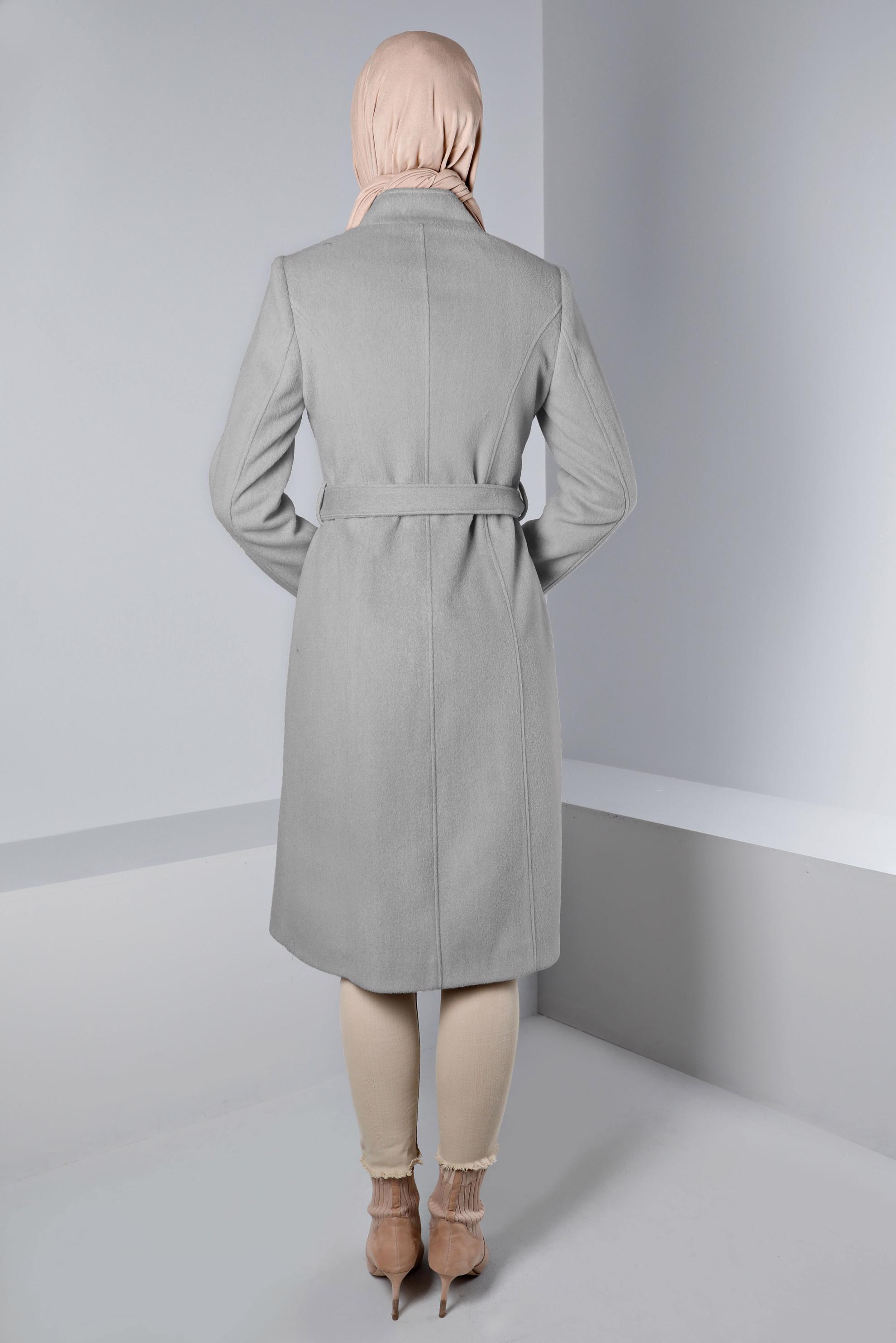 Tesettür giyim GÜMÜŞ DÜĞMELİ KUŞAKLI KABAN 90376 