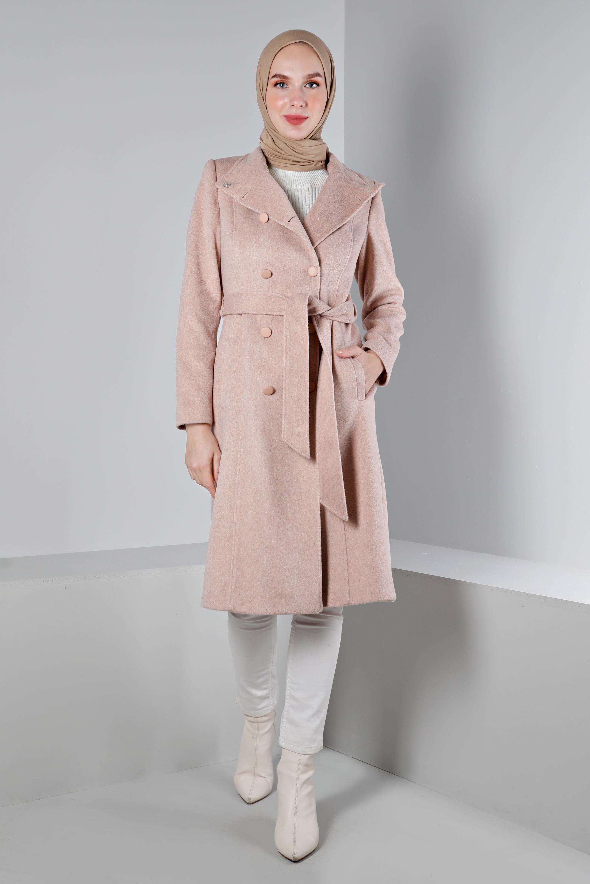 Tesettür giyim PUDRA DÜĞMELİ KUŞAKLI KABAN 90376 