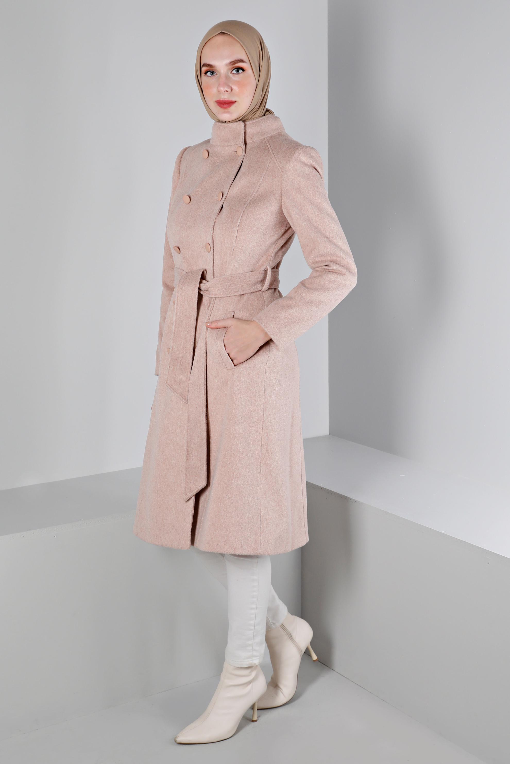 Tesettür giyim PUDRA DÜĞMELİ KUŞAKLI KABAN 90376 