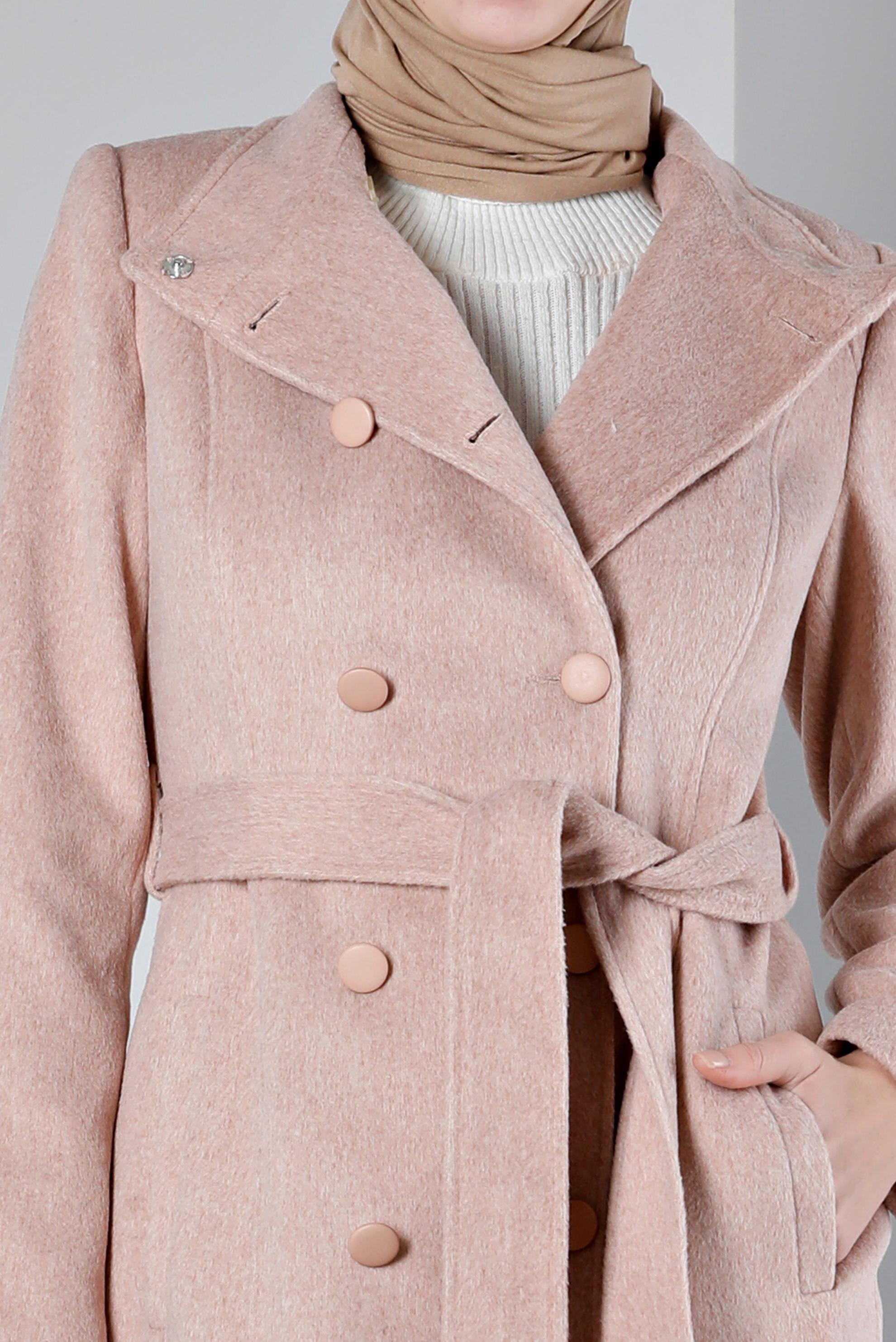 Tesettür giyim PUDRA DÜĞMELİ KUŞAKLI KABAN 90376 