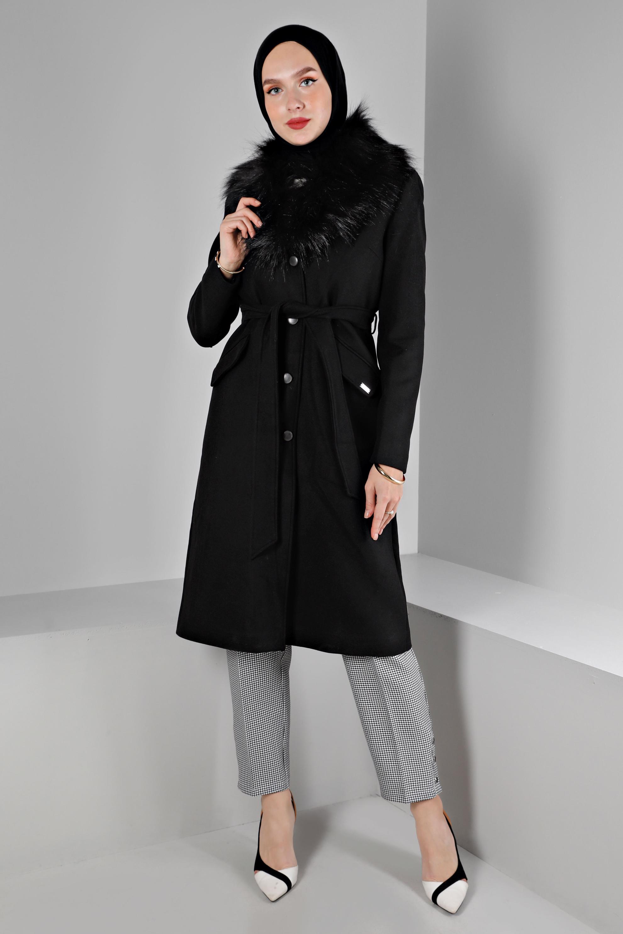 Vêtements hijab NOIR MANTEAU FOURRÉ AVEC CEINTURE 90377