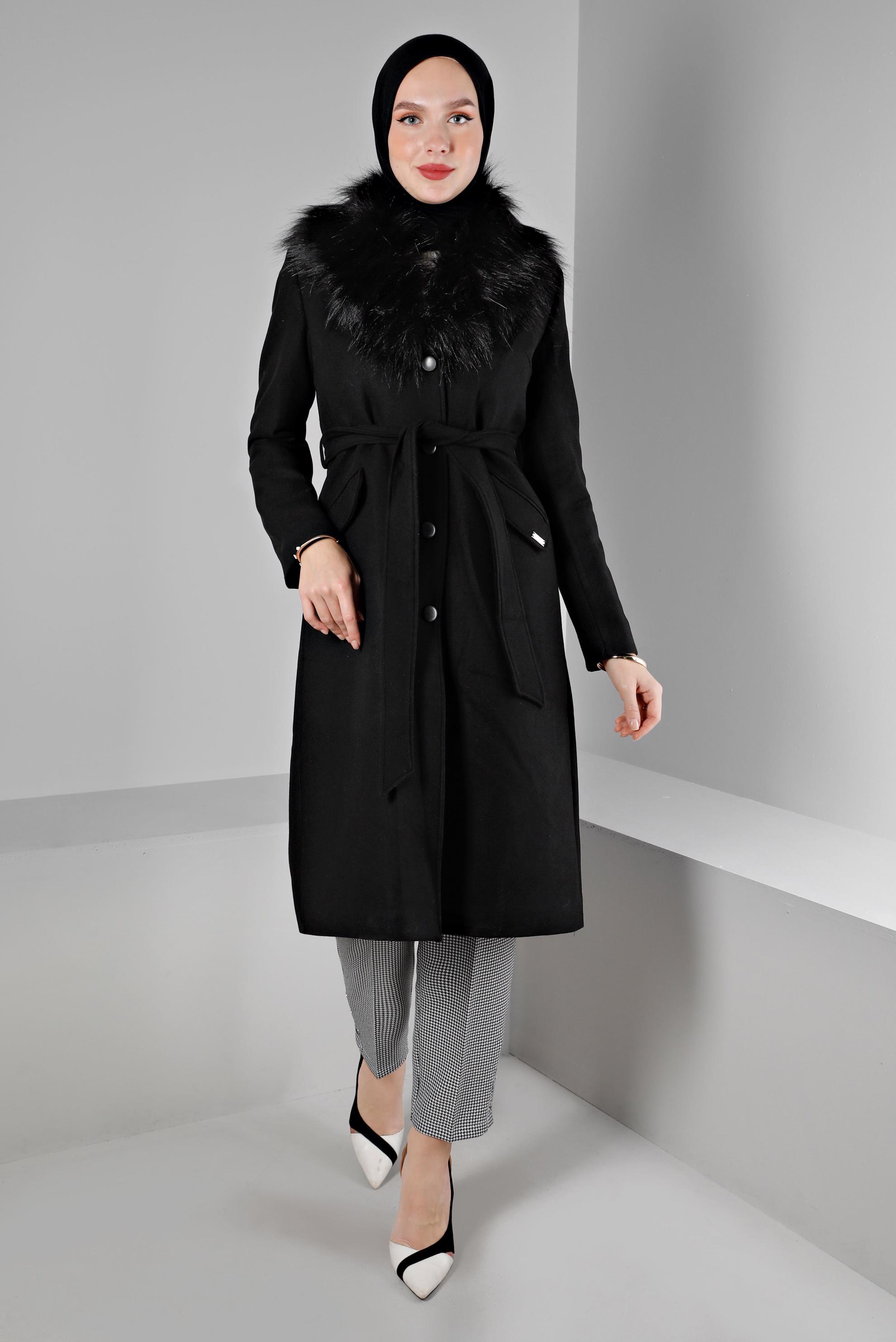 Vêtements hijab NOIR MANTEAU FOURRÉ AVEC CEINTURE 90377