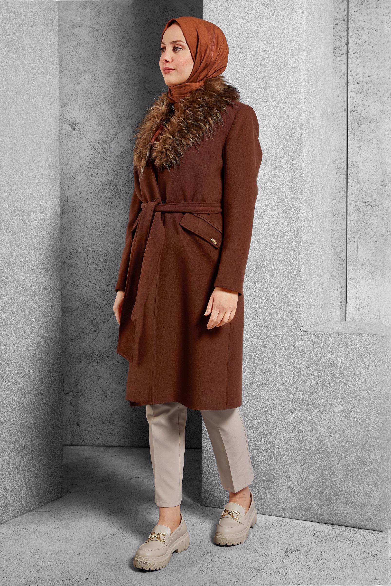 Tesettür giyim TURUNCU KÜRKLÜ KUŞAKLI KABAN 90377