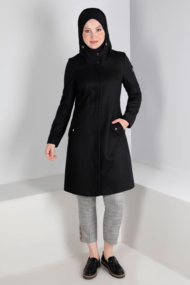 Tesettür giyim  CEP DETAYLI KAPÜŞONLU FERMUARLI KABAN 90378 - ALVİNA