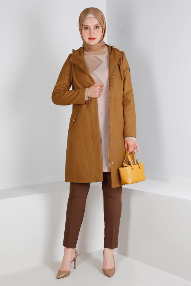 Tesettür giyim  CEP DETAYLI KAPÜŞONLU FERMUARLI KABAN 90378 - ALVİNA