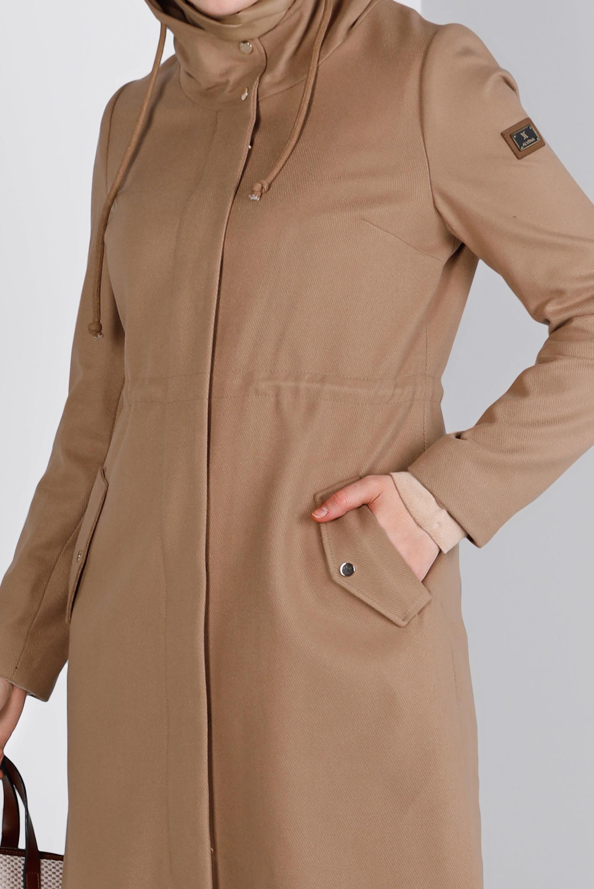 Tesettür giyim KAHVE CEP DETAYLI KAPÜŞONLU FERMUARLI KABAN 90378