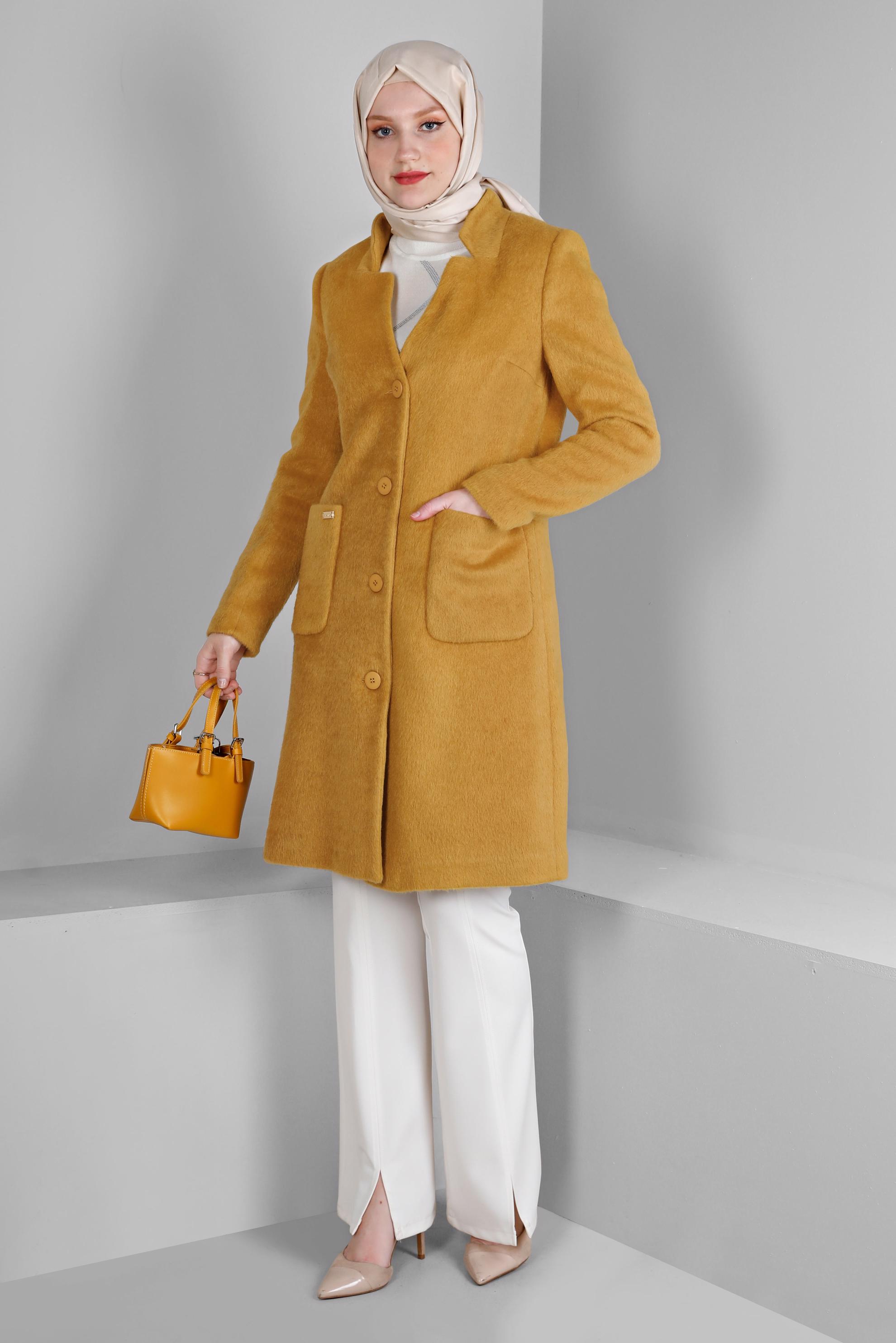 Hijab clothing YELLOW FEATHER BUTTONED COAT WITH POCKET DETAIL 90380