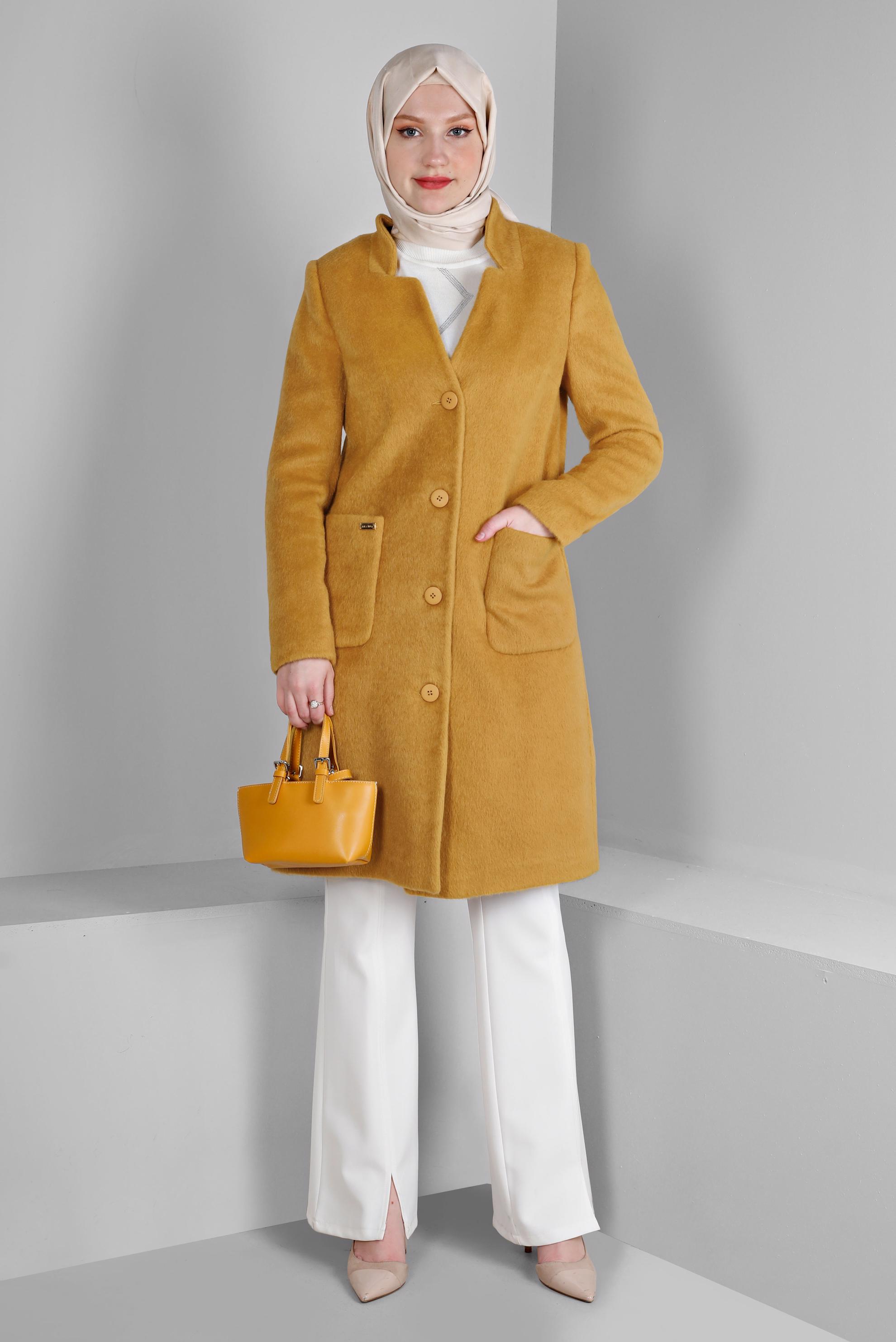 Hijab clothing YELLOW FEATHER BUTTONED COAT WITH POCKET DETAIL 90380