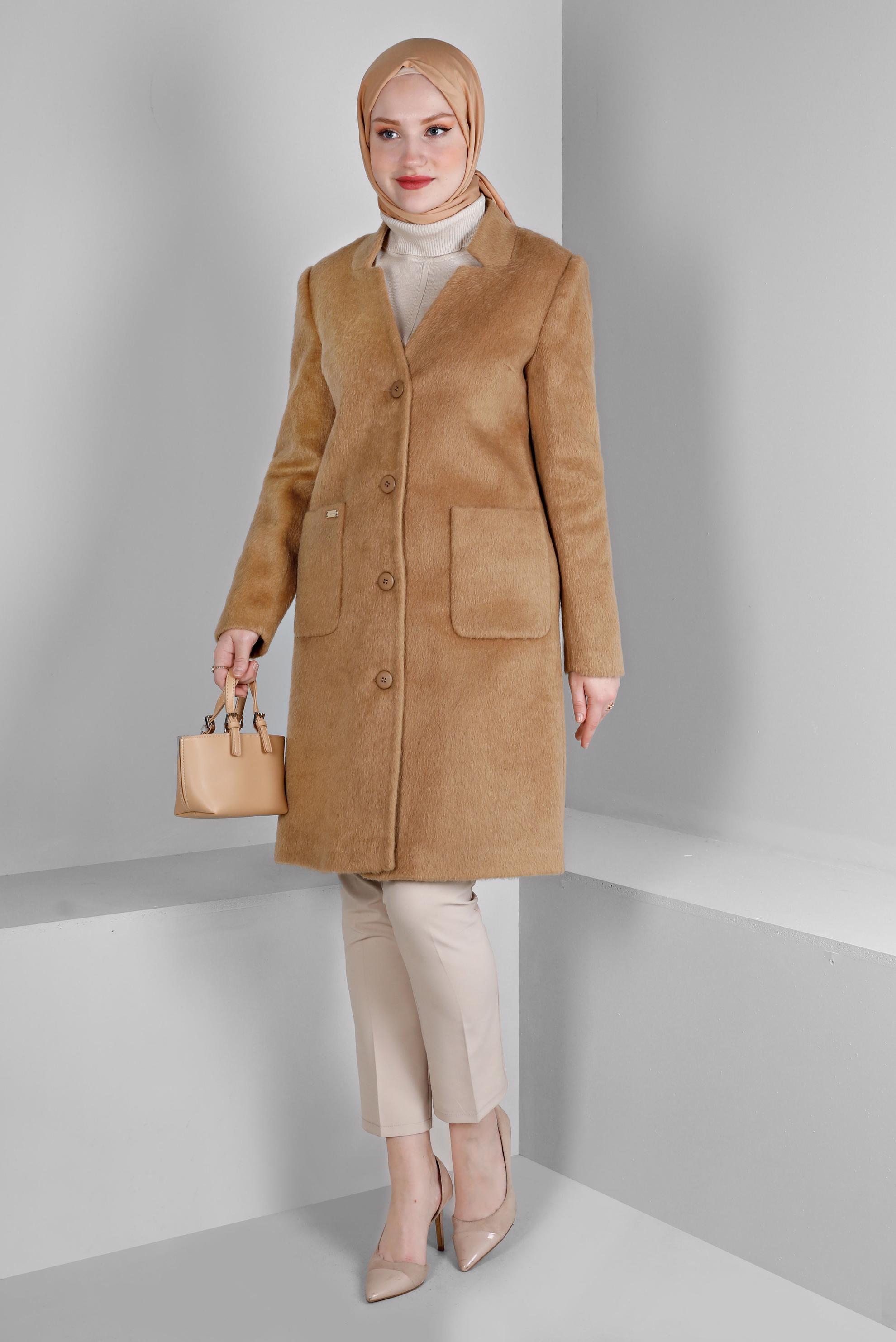 Tesettür giyim KAHVE TÜYLÜ DÜĞMELİ CEP DETAYLI KABAN 90380