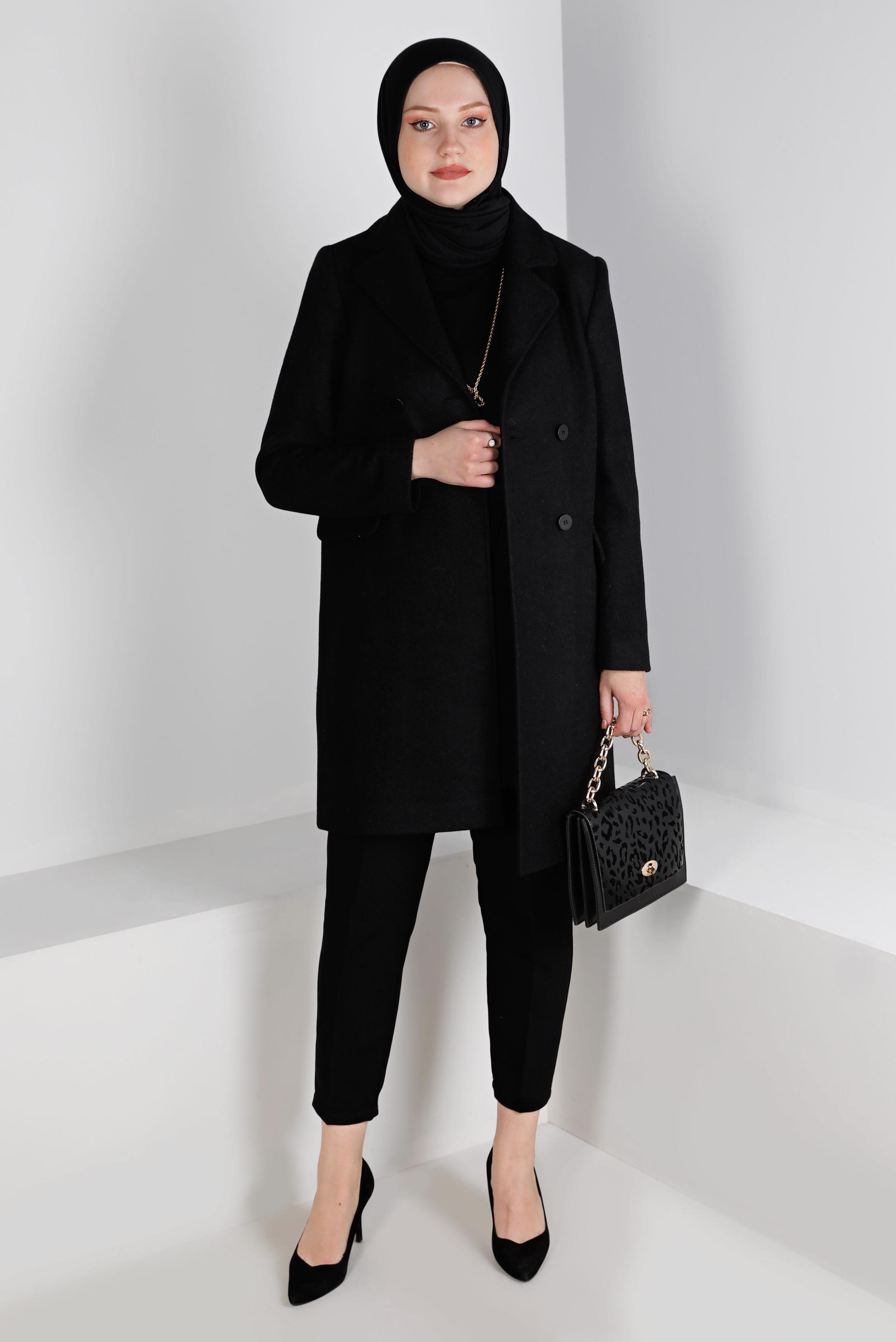 Tesettür giyim SİYAH CEPLİ DÜĞMELİ KABAN 90381-2