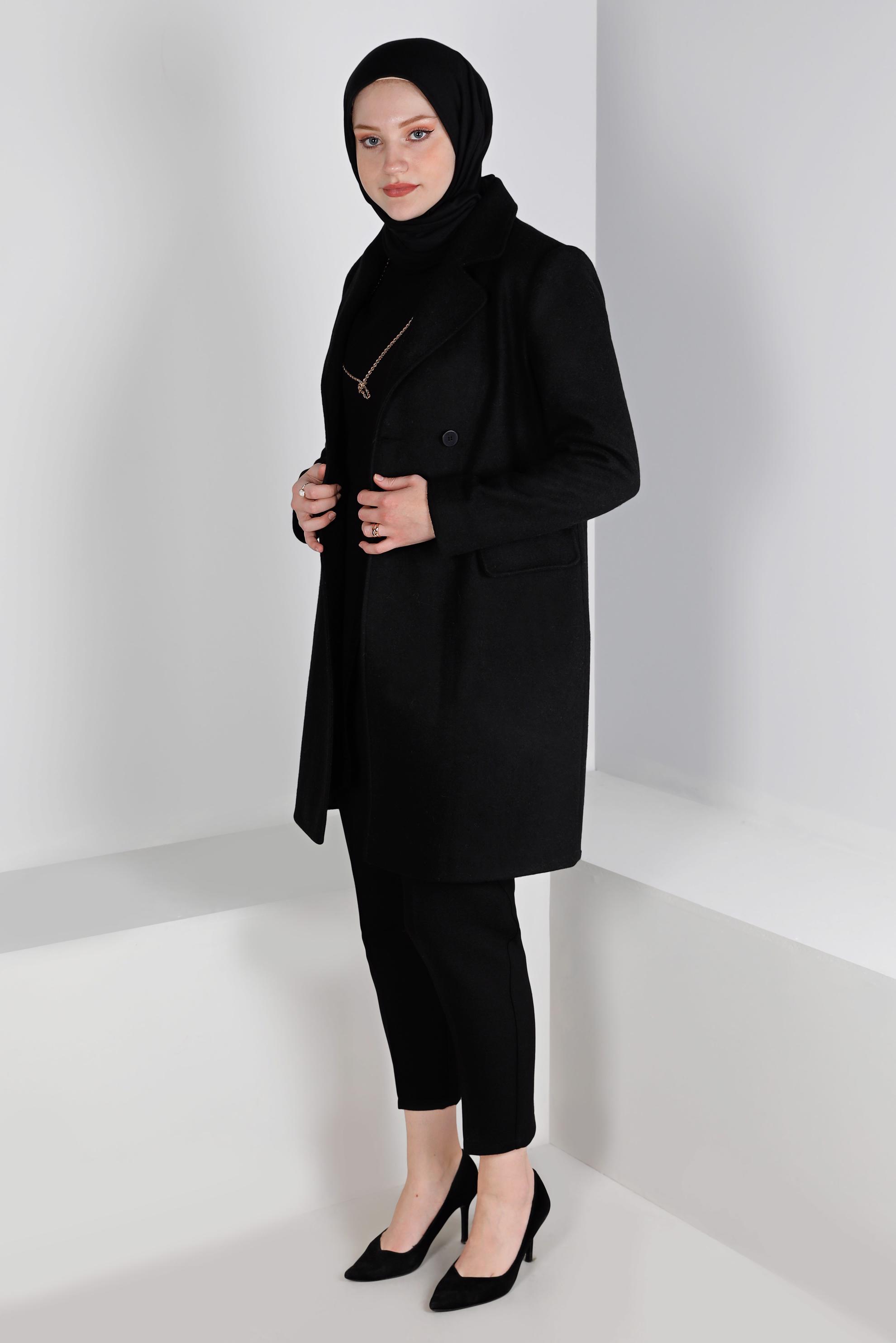 Tesettür giyim SİYAH CEPLİ DÜĞMELİ KABAN 90381-2
