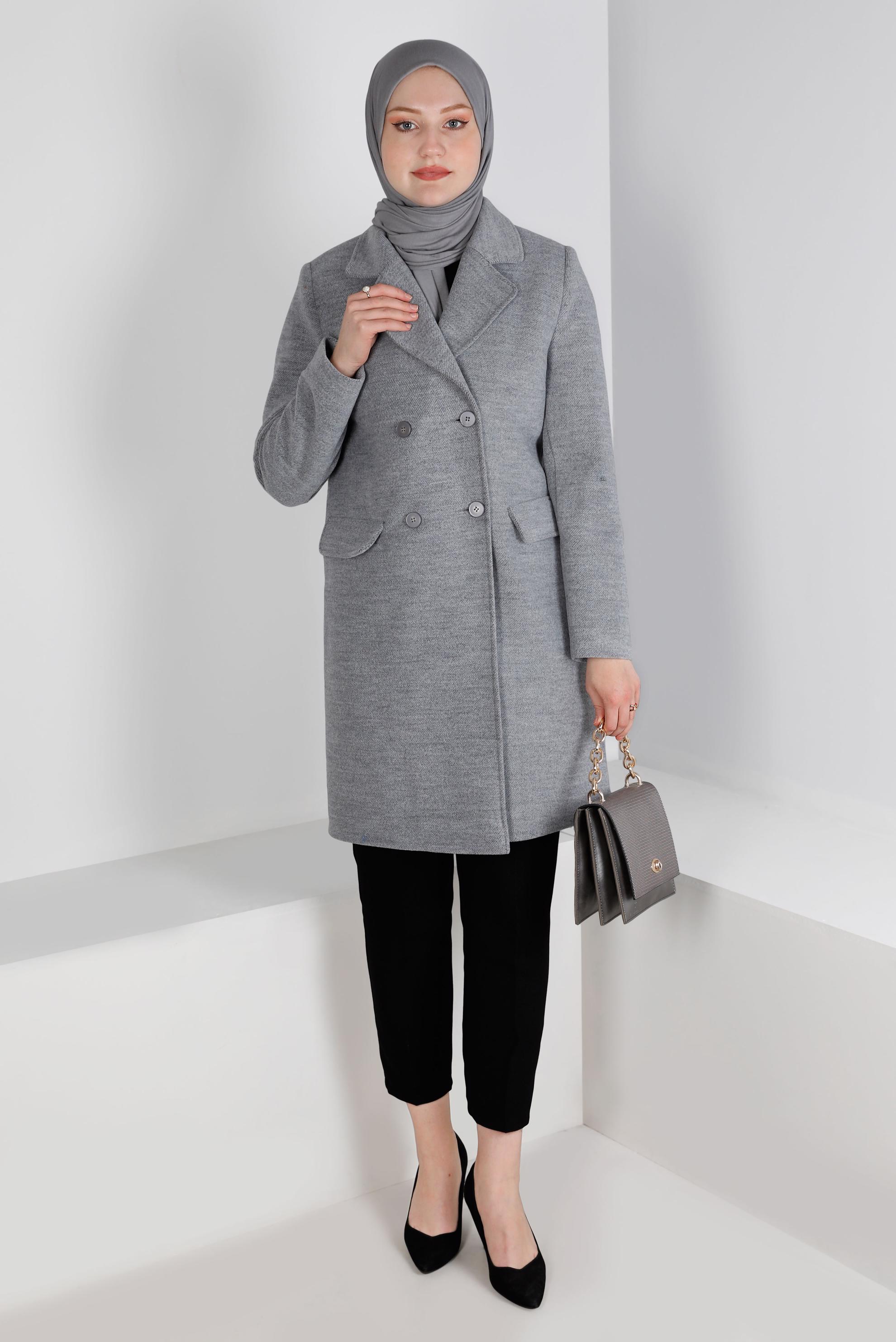 Tesettür giyim GRİ CEPLİ DÜĞMELİ KABAN 90381-2