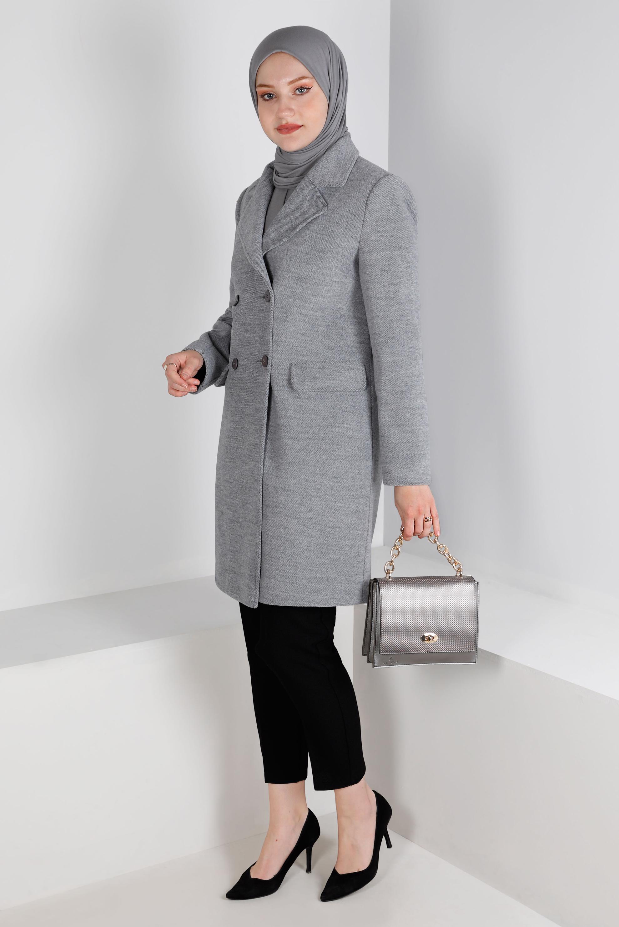 Tesettür giyim GRİ CEPLİ DÜĞMELİ KABAN 90381-2