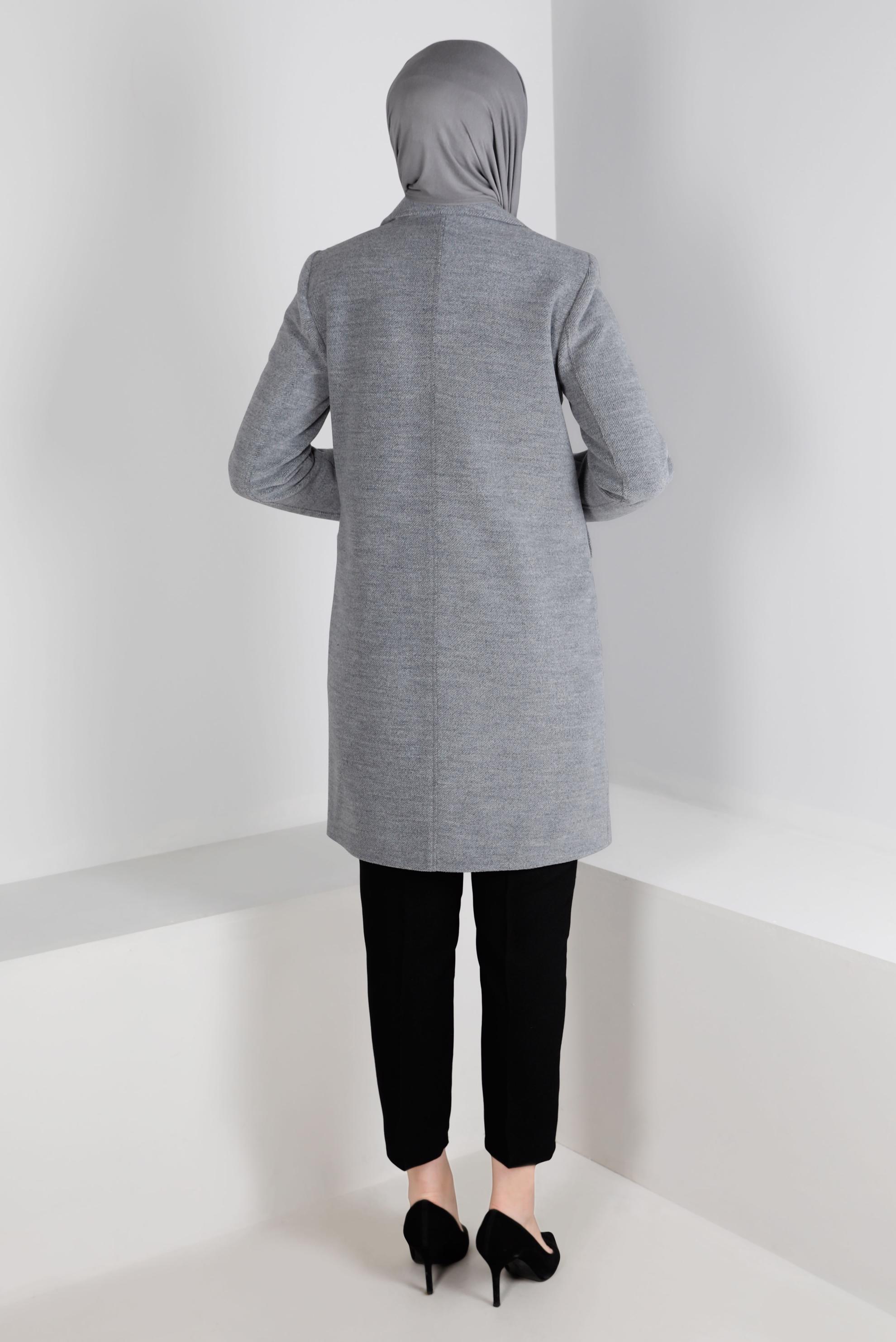Tesettür giyim GRİ CEPLİ DÜĞMELİ KABAN 90381-2